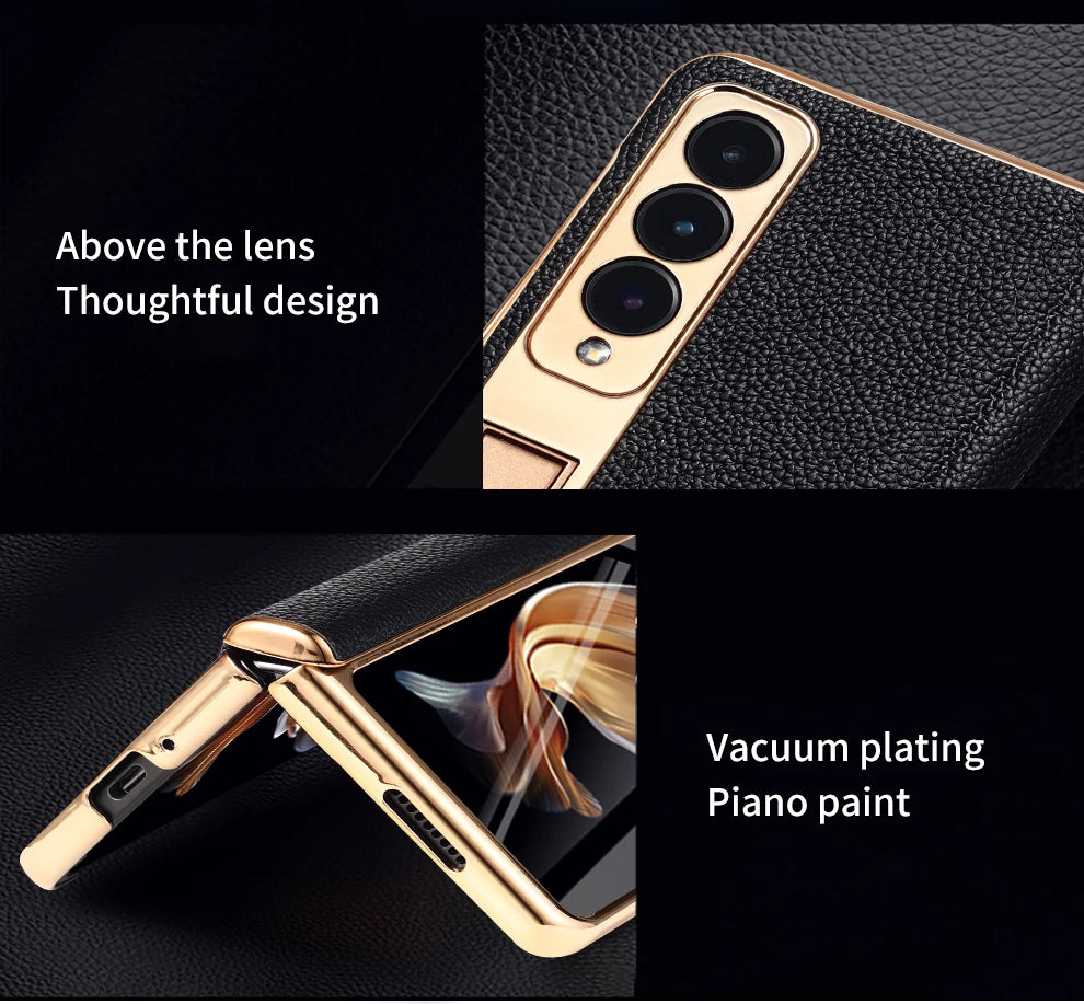 Premium Real Leather Phone Case for Samsung Galaxy Z Fold 6 with Hinge Kickstand - Slim Protective Cover for Work, Travel & Everyday Use