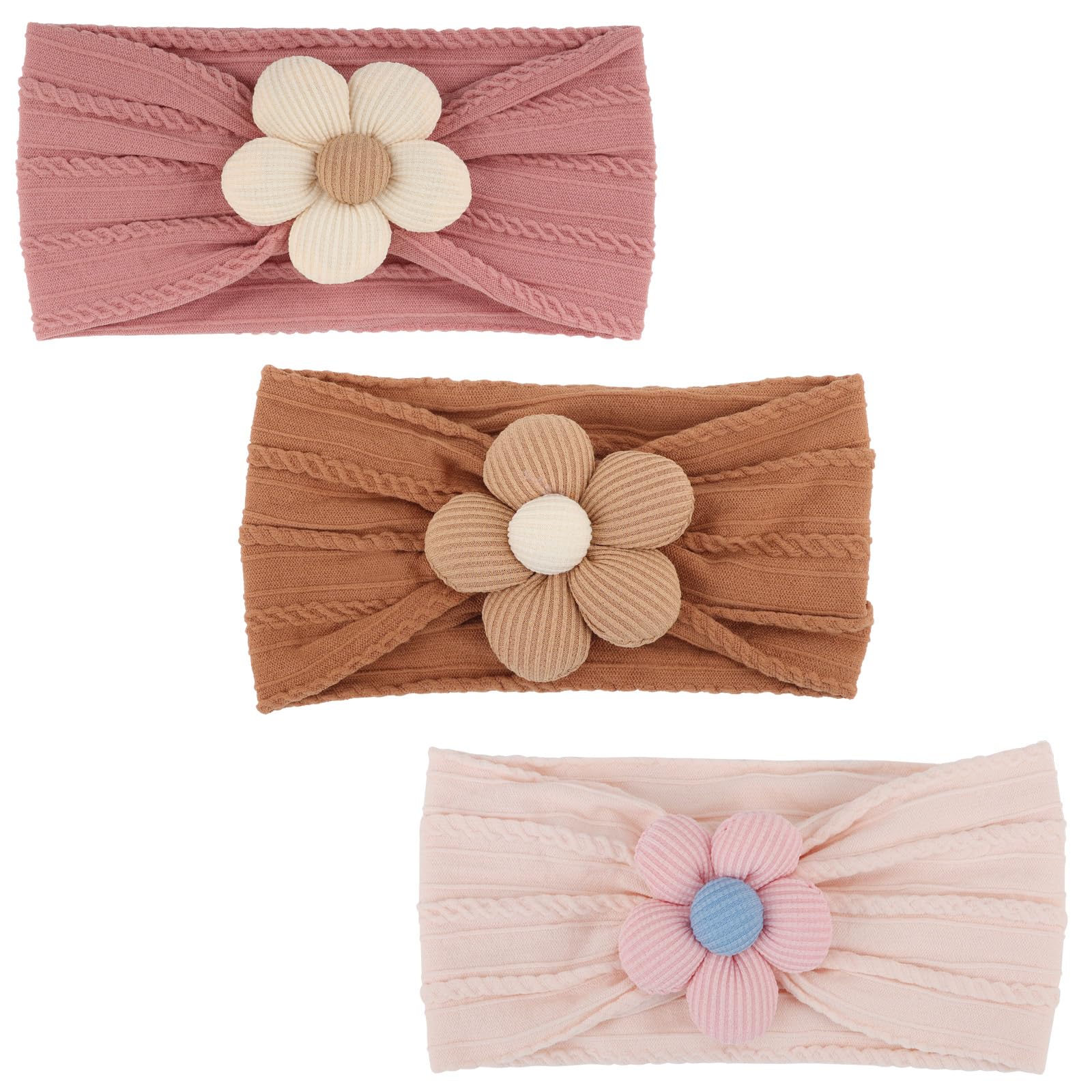 BQUBO Baby Flower Headbands for Girls - Soft Stretchy Nylon Hair Accessories Set (3 Pack) - Handmade Headbands for Newborns, Infants & Toddlers - Perfect for Photoshoots, Birthday Parties & Daily Wear