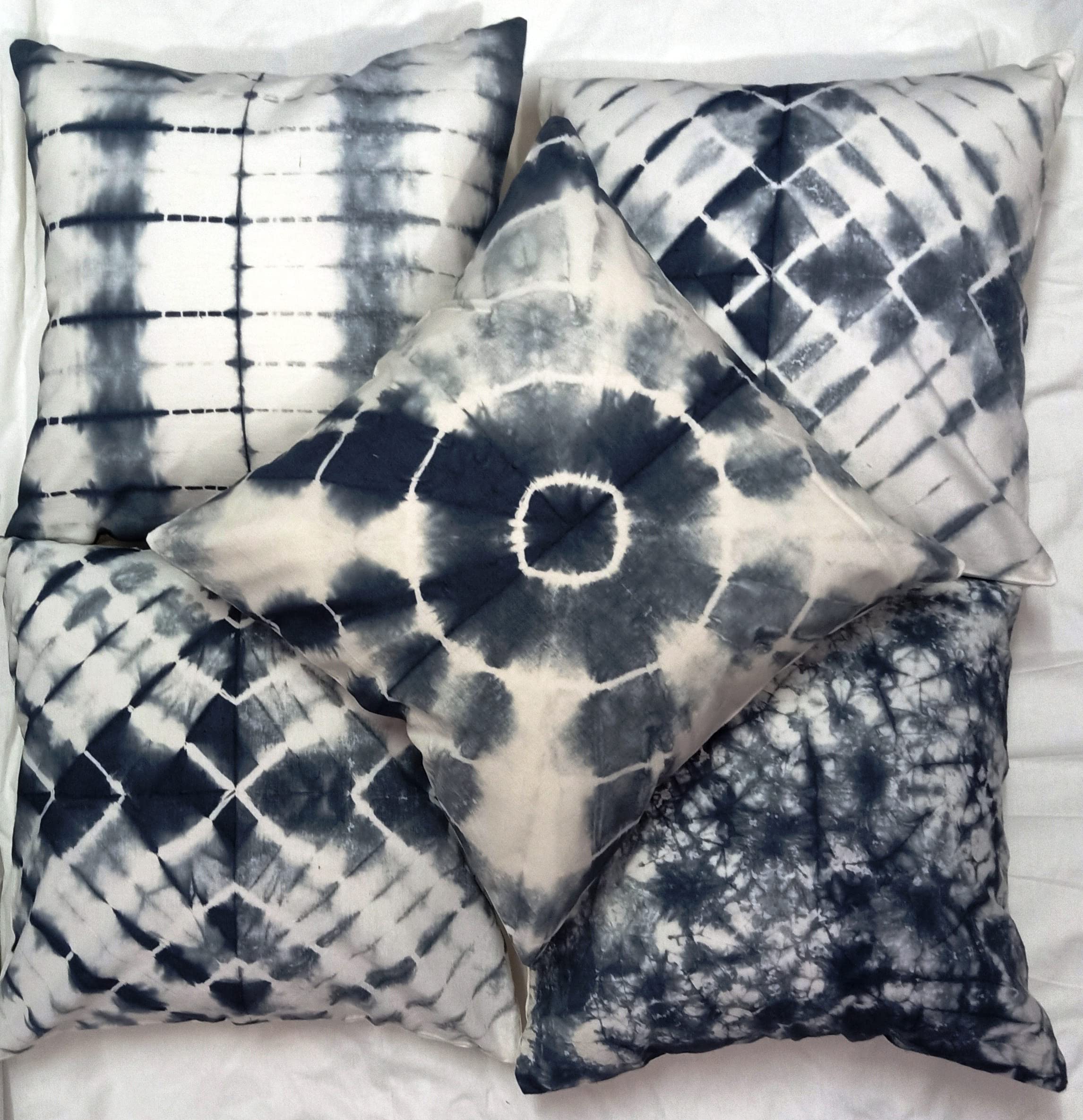 INDACORIFY 5-Piece Tie Dye Throw Pillow Covers Set - 16x16 Inch Indigo Shibori Decorative Cotton Pillow Cases for Sofa, Chair & Outdoor Use - Boho Bohemian Style Home Decor for Living Room, Bedroom & Patio