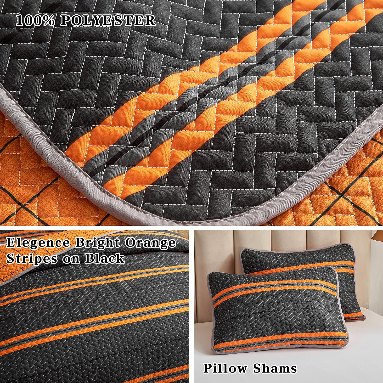 Flysheep Modern Boho Halloween King Size Quilt Set - 3 Piece Bright Orange Striped Black Bedspread, Soft Microfiber All Season Coverlet (1 Quilt + 2 Pillow Shams) for Bedroom Decor, Guest Room & Holiday Home Styling