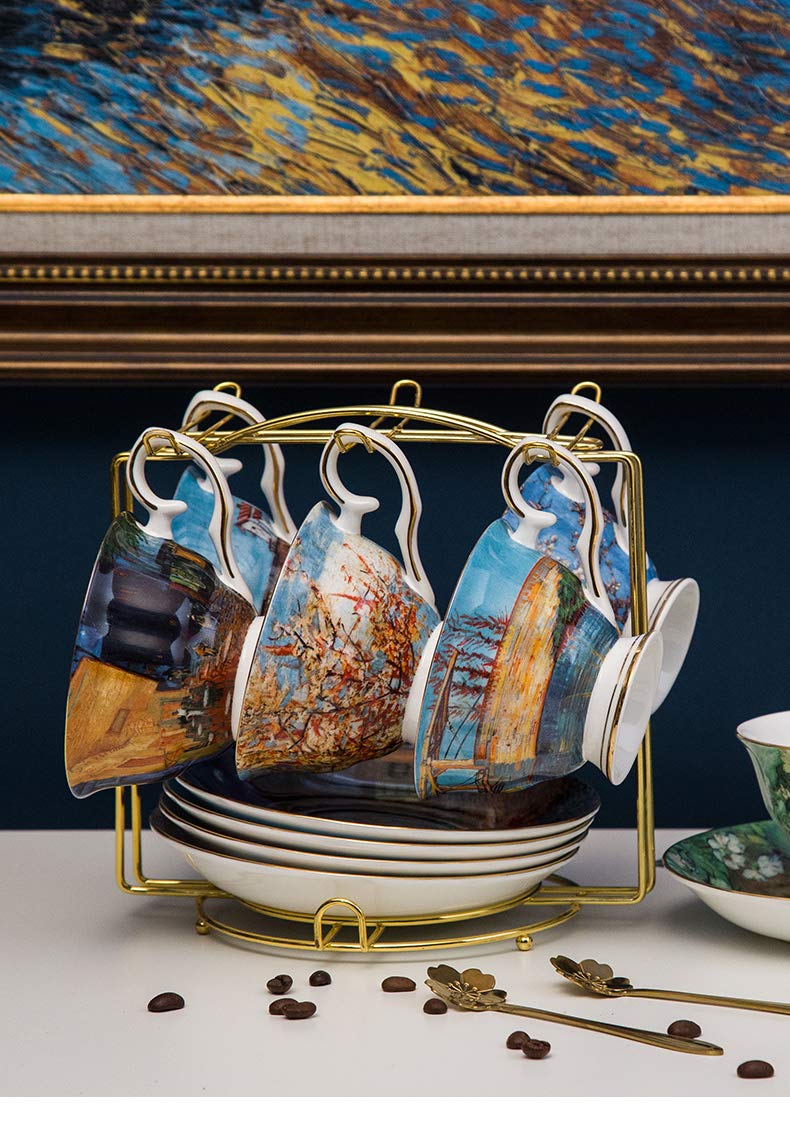 Van Gogh Bone China Coffee Cup and Saucer Set - 6-Piece 8-Oz Art Mugs with Display Rack & Gift Box - Elegant Tea & Coffee Serving Set for Home, Office, and Gifts