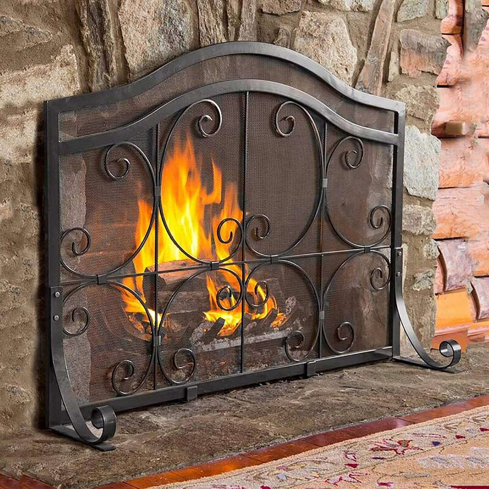 30.7 Inch Fireplace Screen - Heavy Duty Wrought Iron Spark Guard for Freestanding Fireplaces - Curved Metal Frame with Coated Finish - Perfect for Living Rooms, Patios & Outdoor Fire Pits