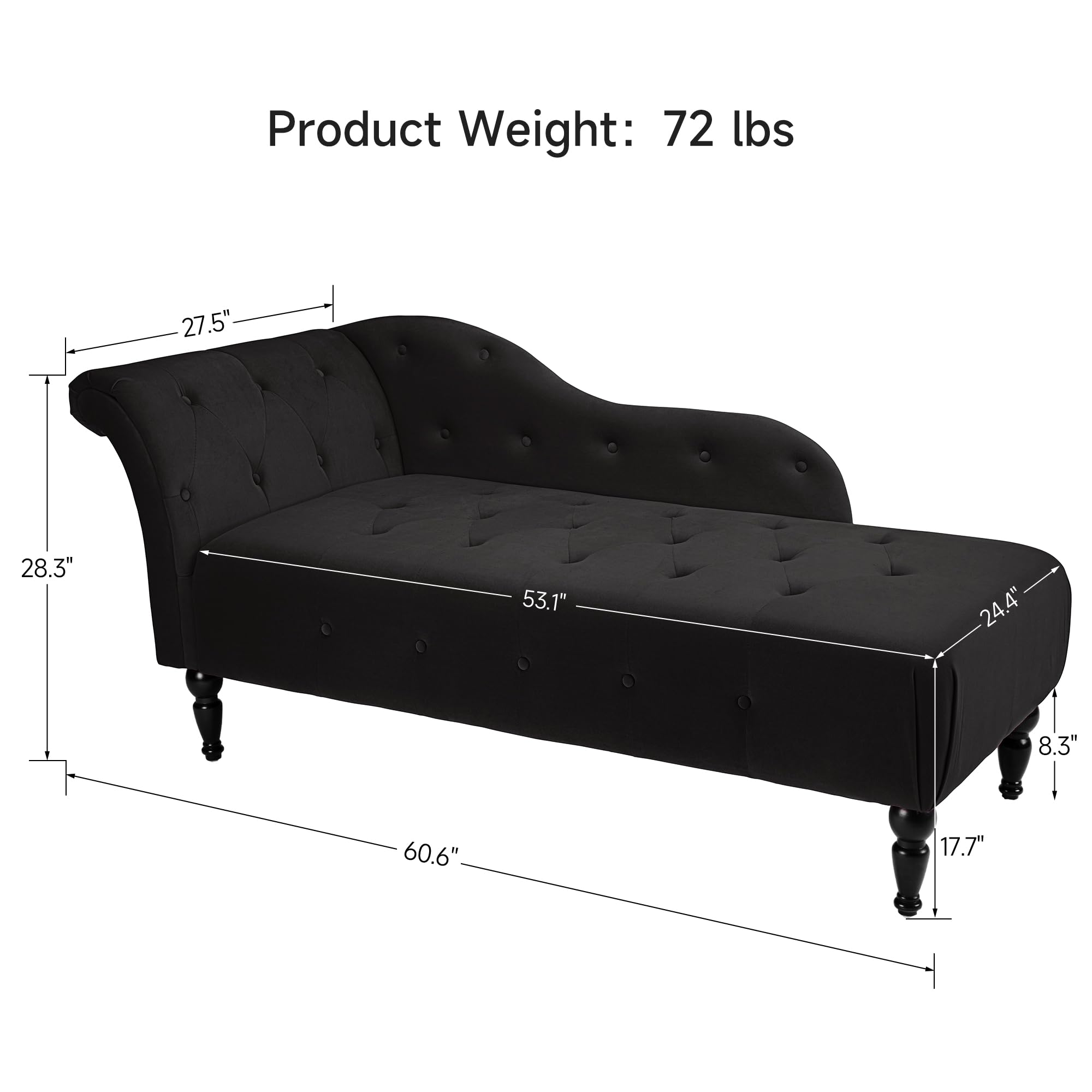 Modern Velvet Upholstered Lounge Chair with Left Armrest - Button Tufted Chaise Sofa for Bedroom, Living Room & Office - Black | Comfortable Seating for Relaxation, Reading & Home Decor