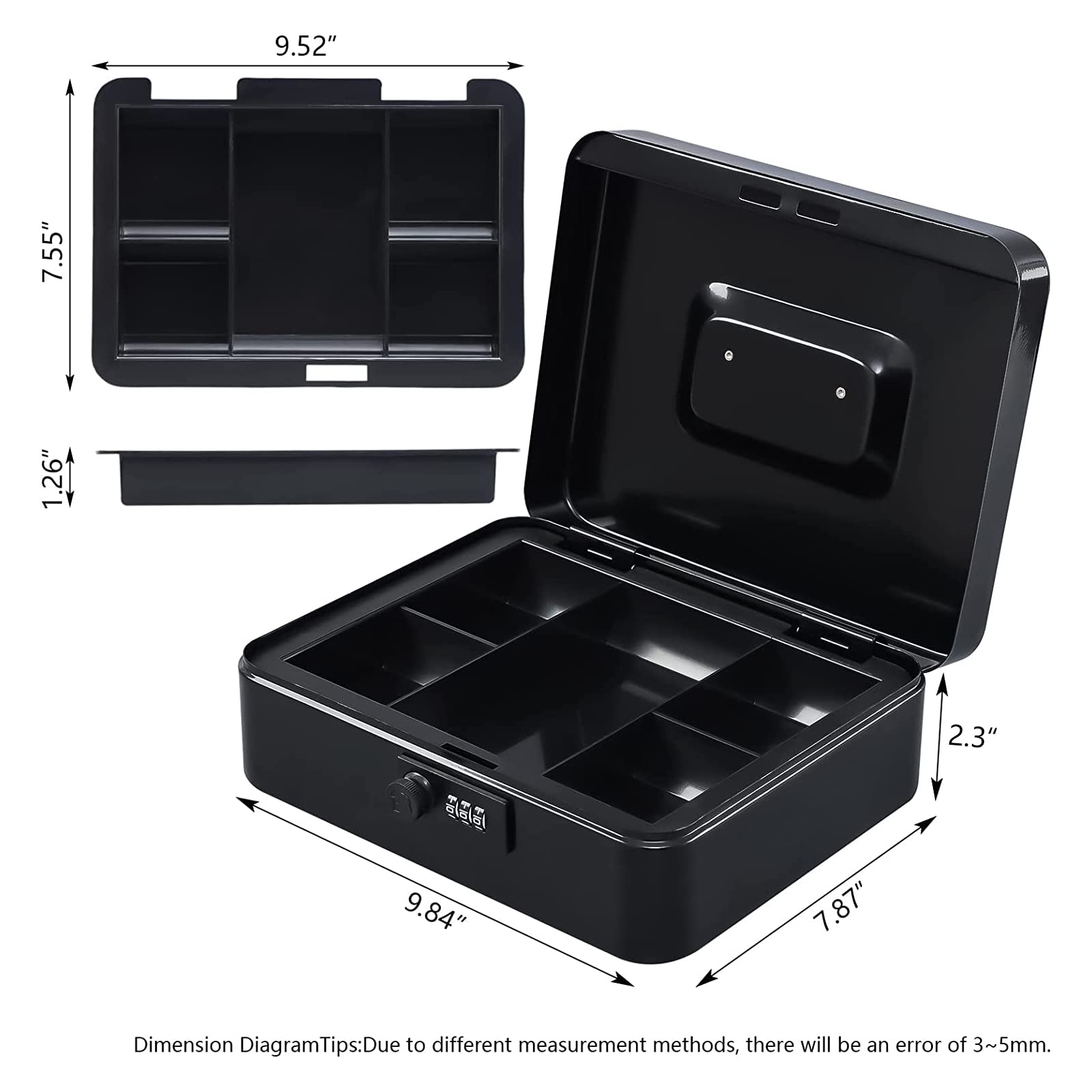 KYODOLED Large Cash Box with Combination Lock - Heavy Duty Metal Money Safe Box with Removable Tray, 9.84