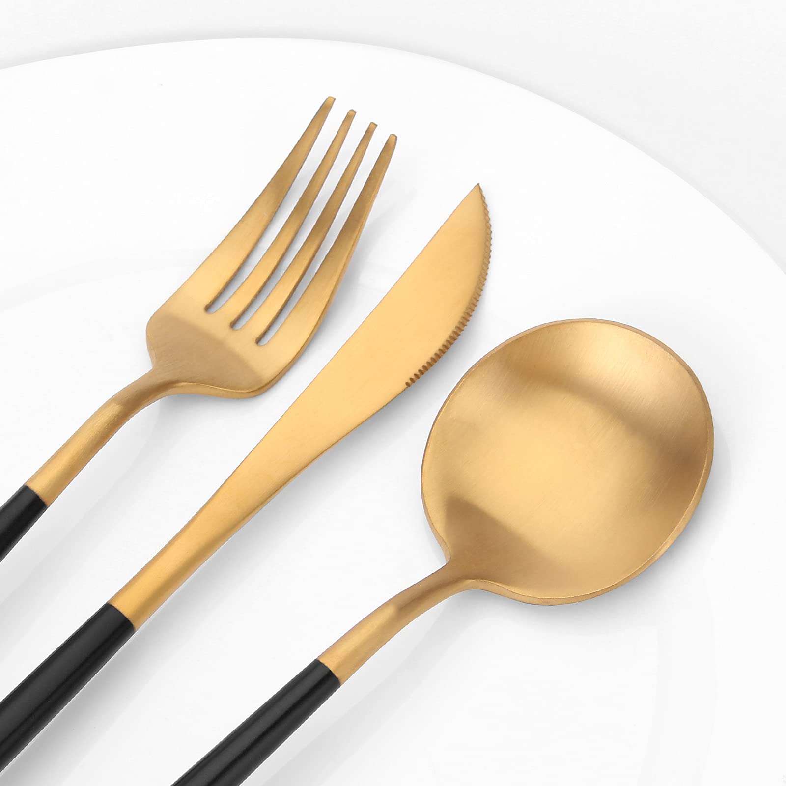 Vanys 30-Piece Matte Gold Stainless Steel Flatware Set with Black Handles - Knives, Forks & Spoons for 6 People - Satin Finish Cutlery Set for Dinner Parties, Weddings & Everyday Dining