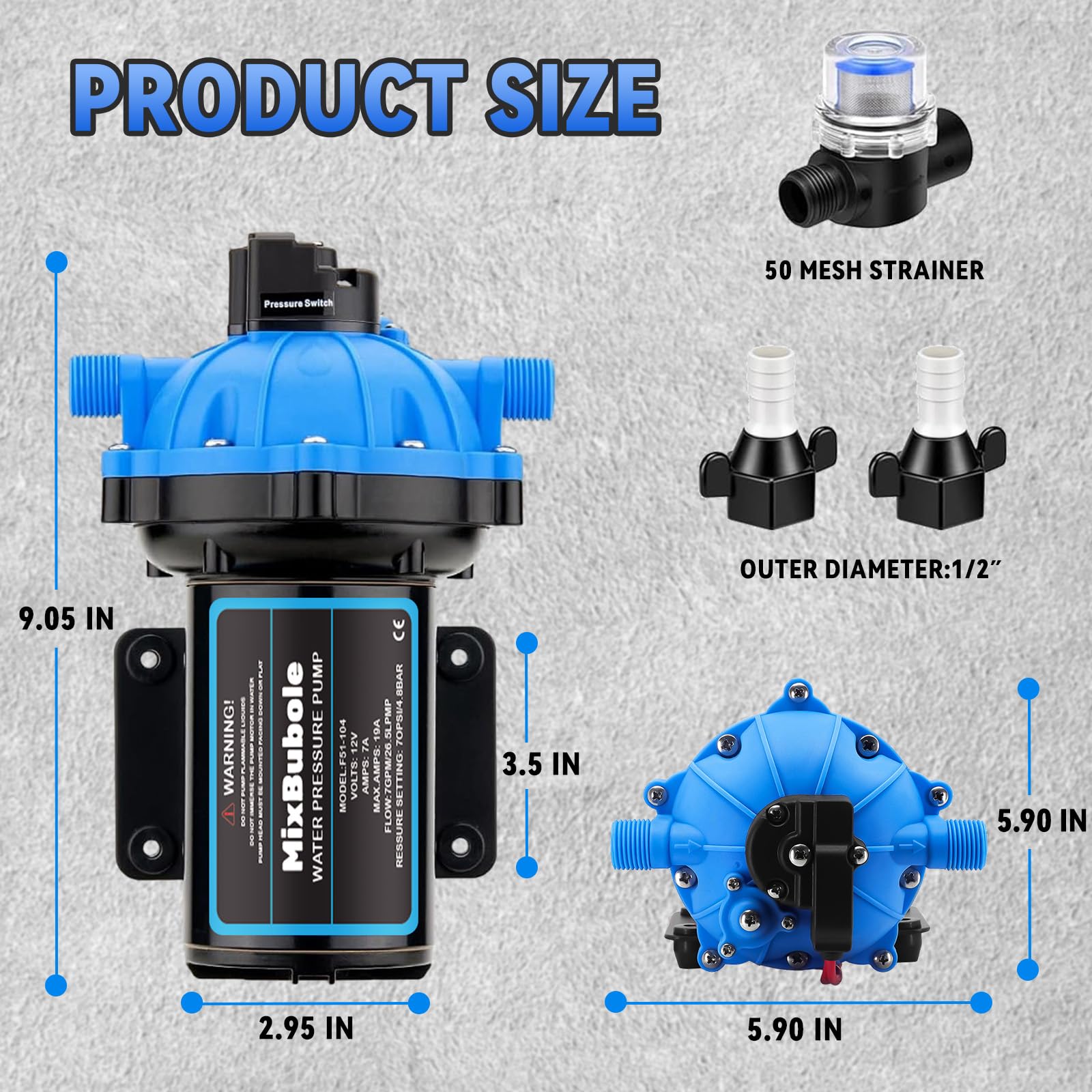 Upgraded 12V RV Water Pump 7GPM 70PSI - Heavy Duty Self-Priming Diaphragm Fresh Water Pump with Pressure Switch & Strainer - for RV, Marine, Yacht, Caravan, Camper - Perfect for Off-Grid Living, Boondocking & Outdoor Adventures