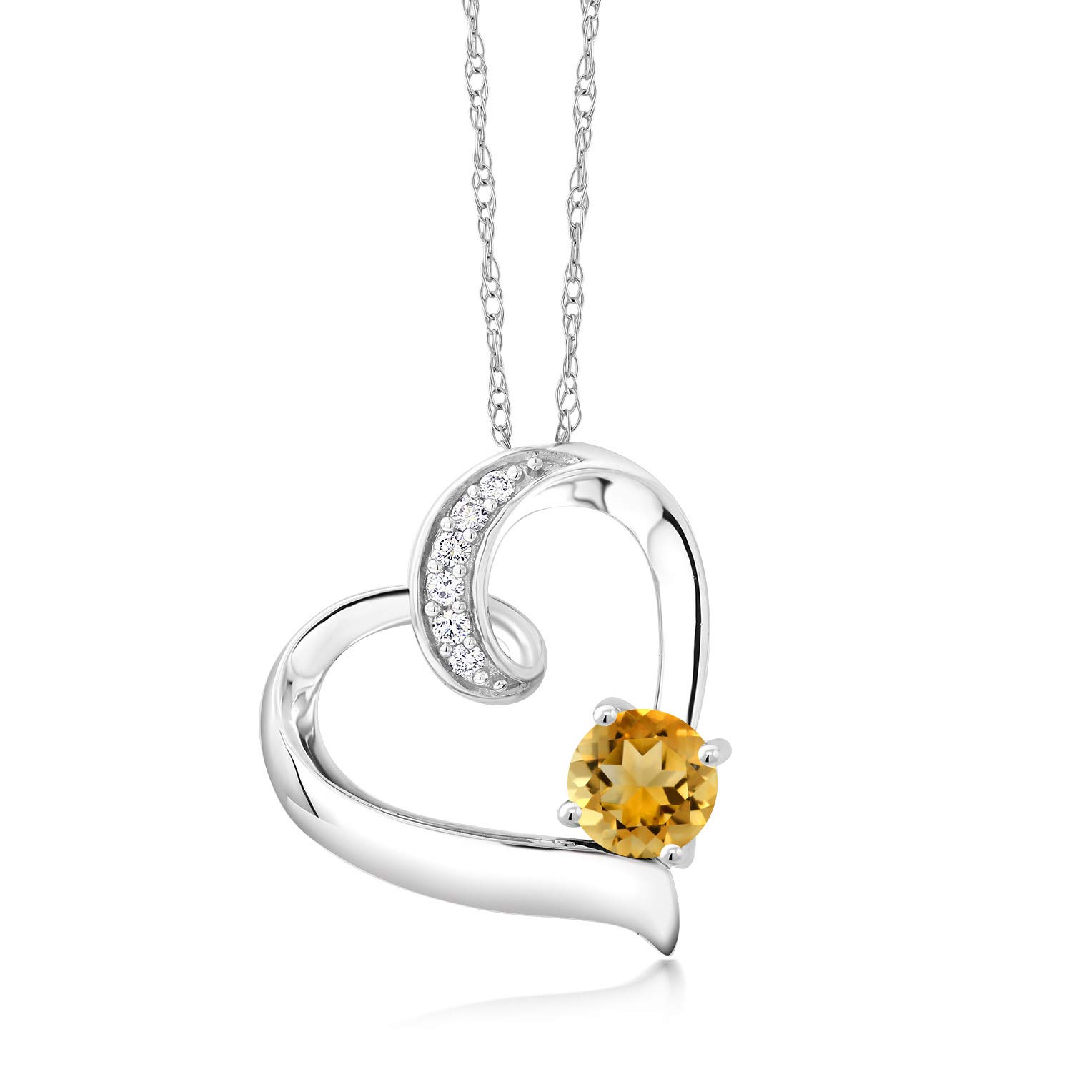 10K White Gold 5MM Round Birthstone & Lab-Grown Diamond Heart Pendant Necklace for Women | 18