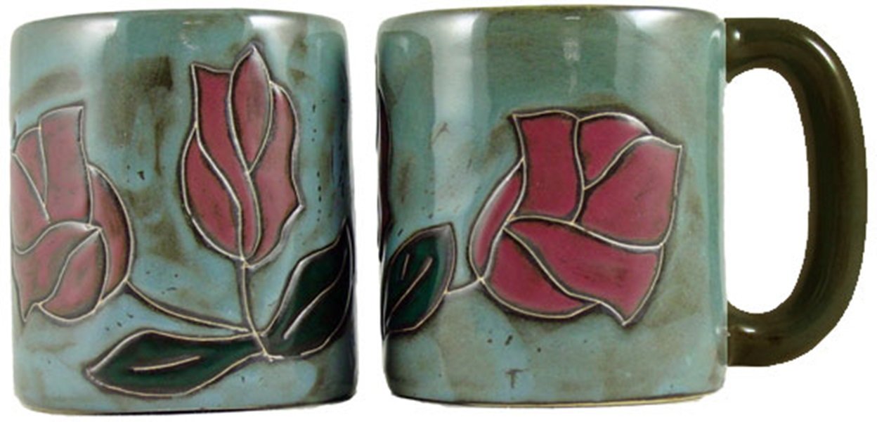 Premium Mara Stoneware Coffee Mugs - 16oz Ceramic Rose Design Tea Cups - Set of 2 for Home, Office & Gifts - Microwave & Dishwasher Safe