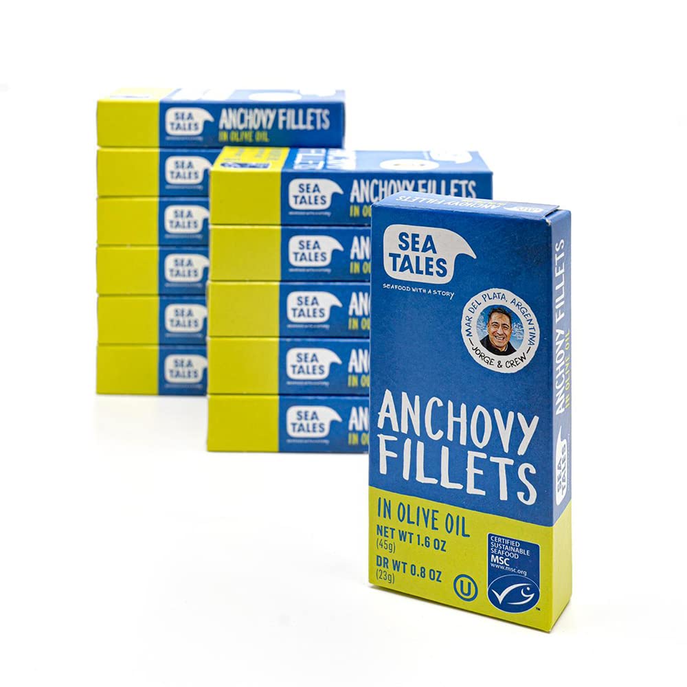 Sea Tales Anchovy Fillets in Olive Oil - Wild Caught, High in Omega 3 & Protein, Gluten Free, Keto & Paleo Friendly - Sustainably Sourced - 12 Pack (1.6 oz Trays) - Perfect for Salads, Pasta & Healthy Snacking