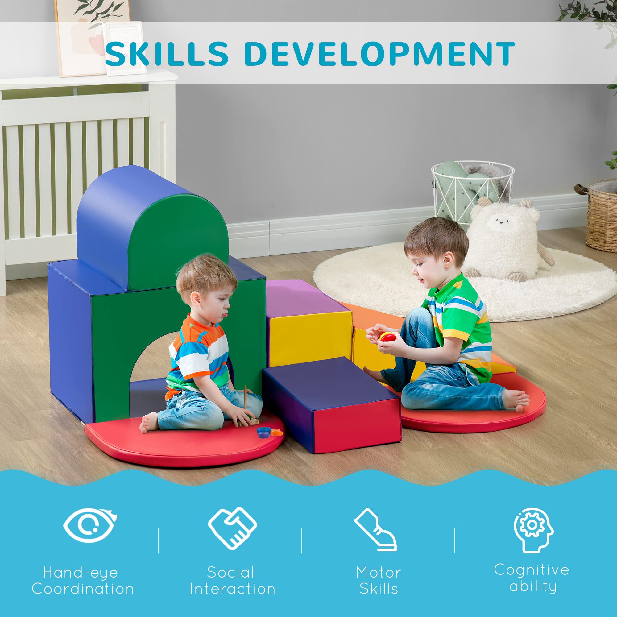 Qaba 7-Piece Baby Soft Play Equipment Set - Safe Toddler Climbing Toy for Indoor Play, Crawling & Shape Discovery - Easy-to-Clean Foam Blocks for Home Daycare & Playroom (Grey/Blue) - Perfect for Early Childhood Development & Motor Skills
