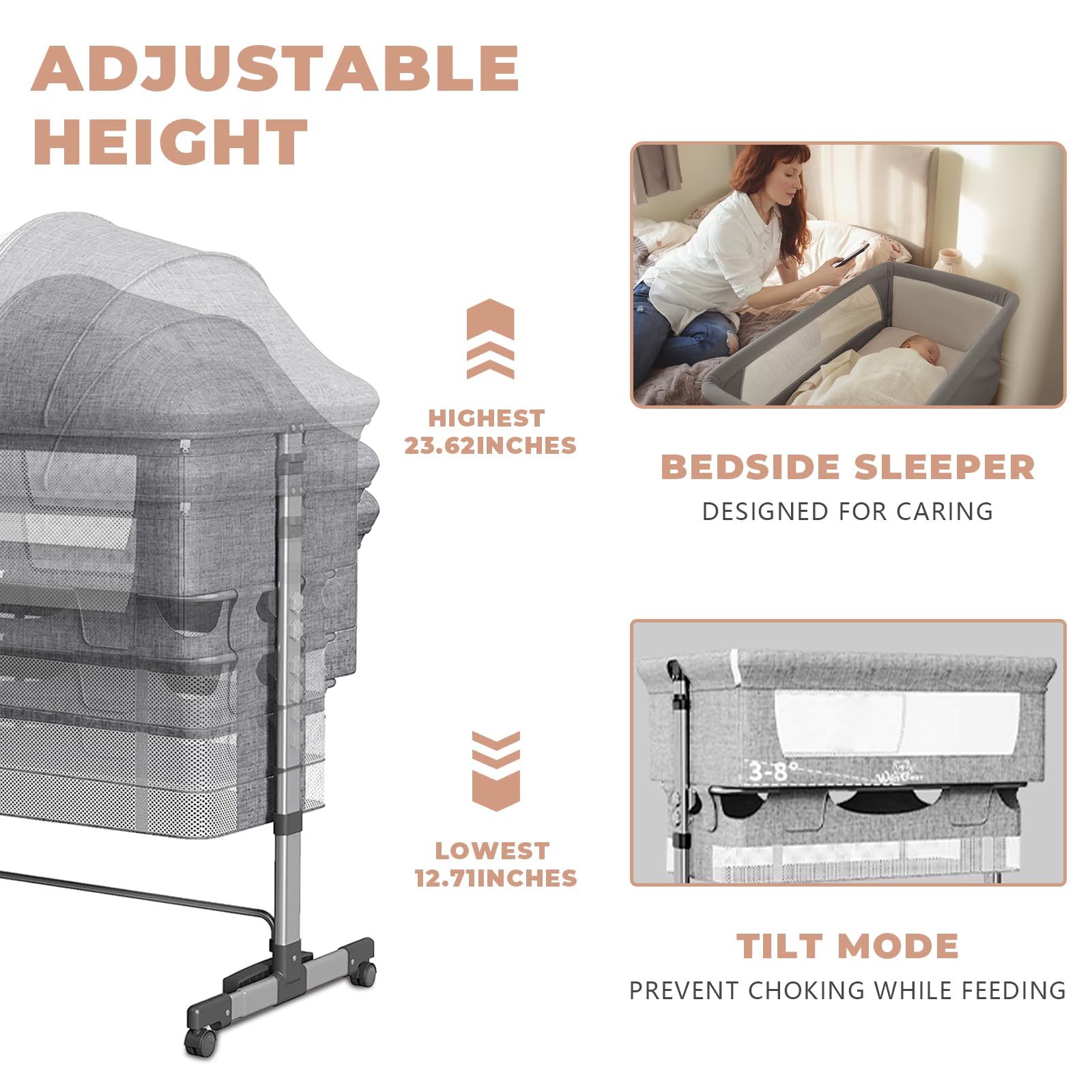 Portable Baby Bassinet with Adjustable Height - Breathable Mesh & Removable Canopy for Nursery, Travel & Home Use | ASTM Certified for Newborn to Toddler | Compact Design for Easy Storage & Transport