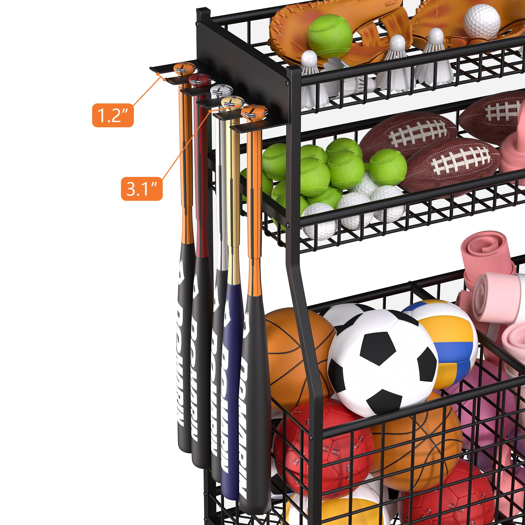 Sports Equipment Organizer - Heavy Duty Garage Storage Rack for Balls & Gear | Black Space-Saving Cart | Perfect for Basketball, Soccer & Baseball Organization