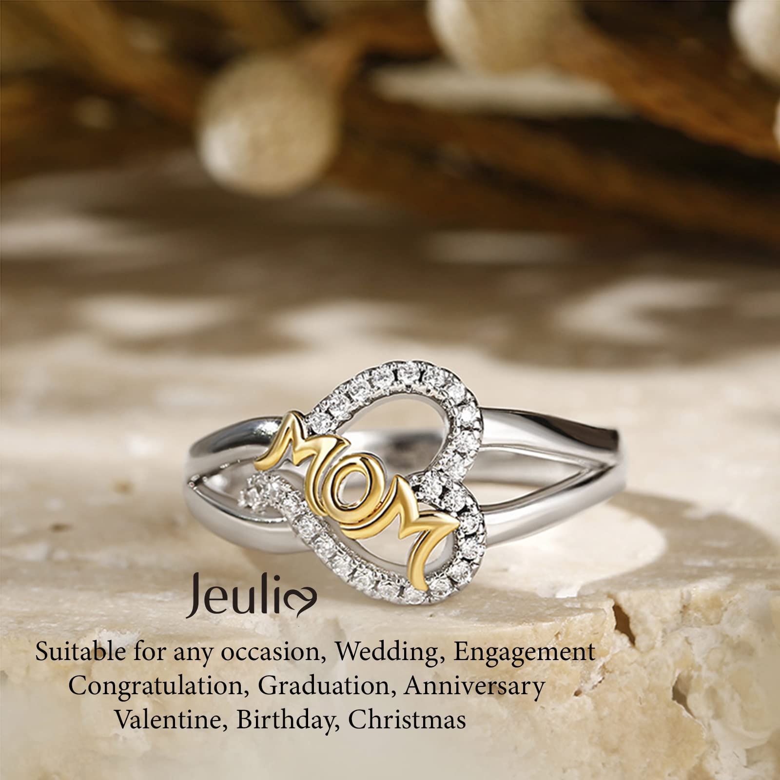 Jeulia Sterling Silver Gold Plated Rhinestone Heart Cut Ring - MOM Letter Ring for Mother's Day, Engagement, Wedding & Anniversary Gift with Jewelry Box | Perfect for Valentine's Day, Christmas & Special Occasions