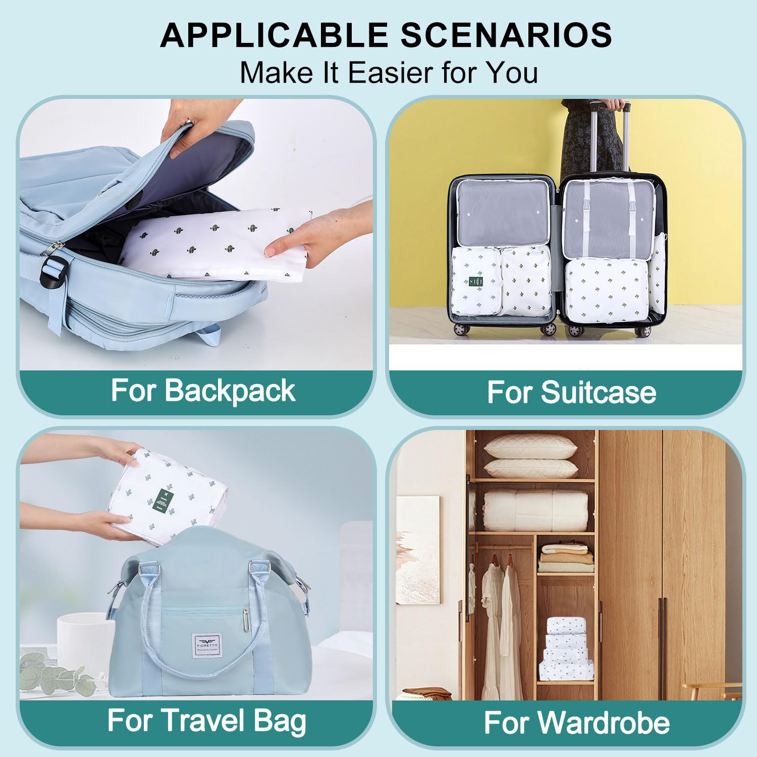12-Piece Packing Cubes Set for Suitcases - Travel Organizer Bags with Multiple Sizes for Luggage & Carry-On | BESBESME Travel Essentials for Clothes, Shoes & Toiletries (Cactus White) | Perfect for Business Trips, Vacations & Weekend Getaways