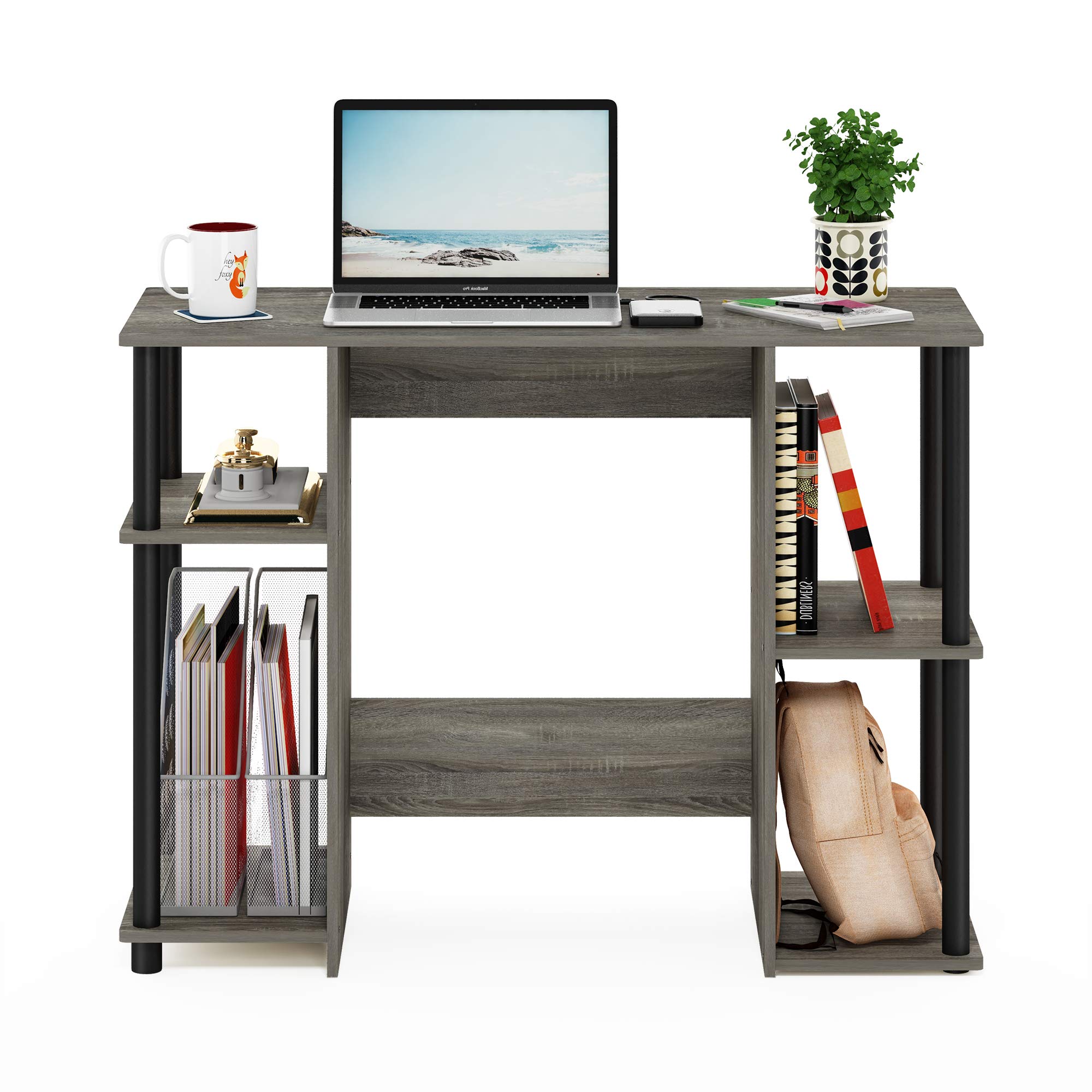 Furinno Jaya Computer Study Desk with Open Storage - French Oak Grey/Black | Compact Home Office Desk for Small Spaces | Perfect for Remote Work, Online Classes & Gaming Setup
