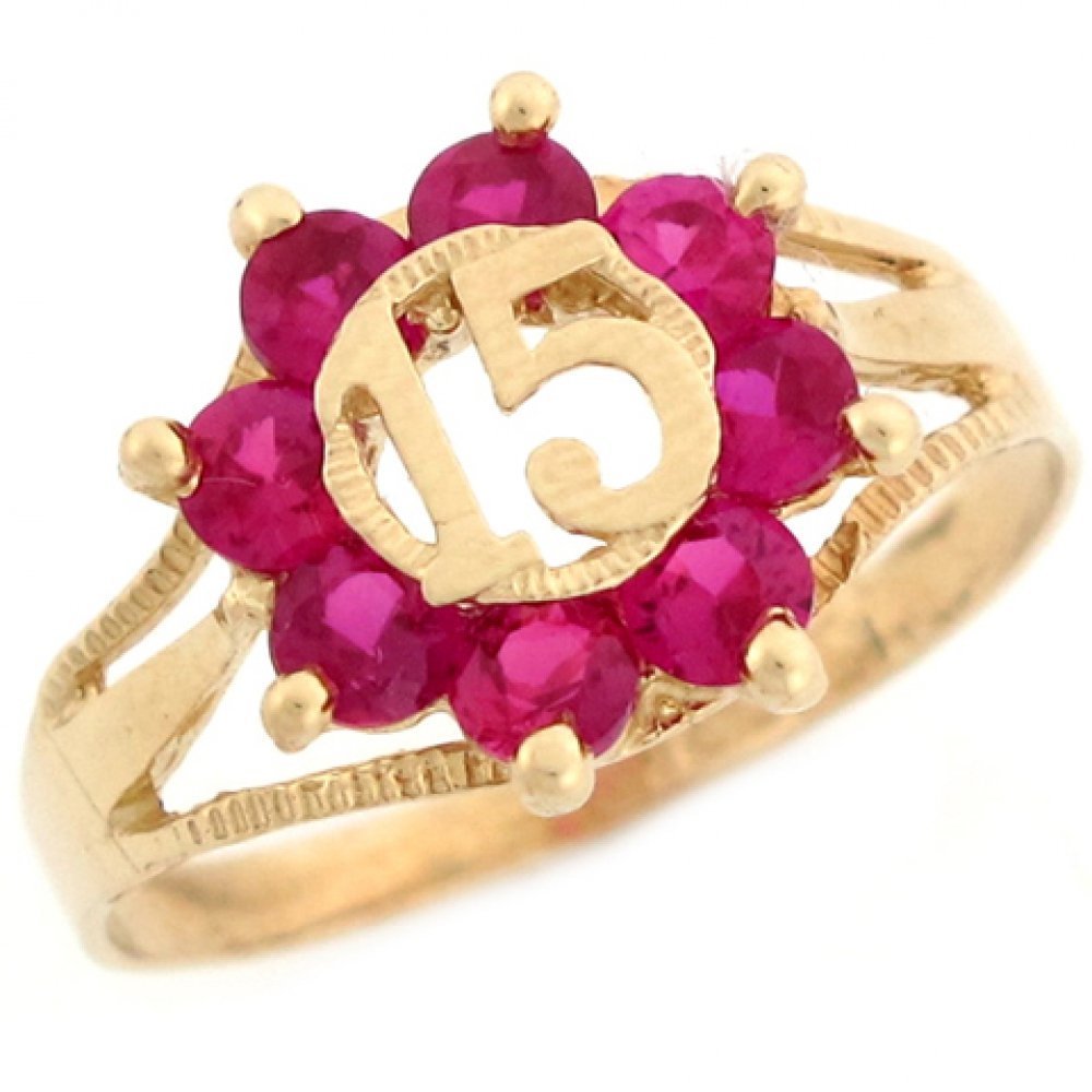 10k Yellow Gold CZ Quinceanera Ring for 15th Birthday - Elegant Red & White Cubic Zirconia Jewelry for Sweet 16, Prom, Anniversary & Special Occasions