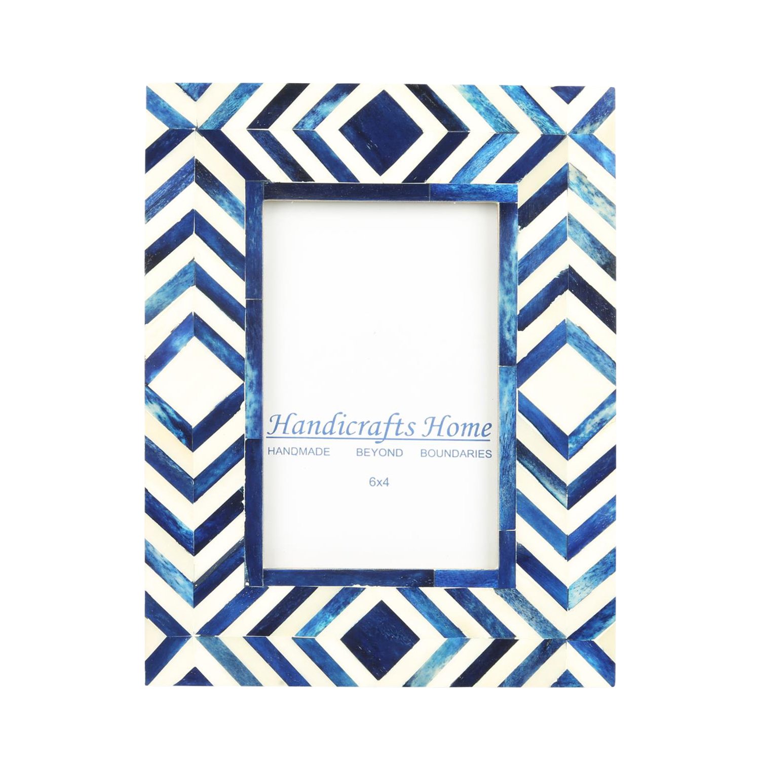Handmade Blue and White Bone Mosaic Moroccan Photo Frame - 4x6 Inch Chevron Pattern Wall Decor for Living Room, Bedroom, and Office