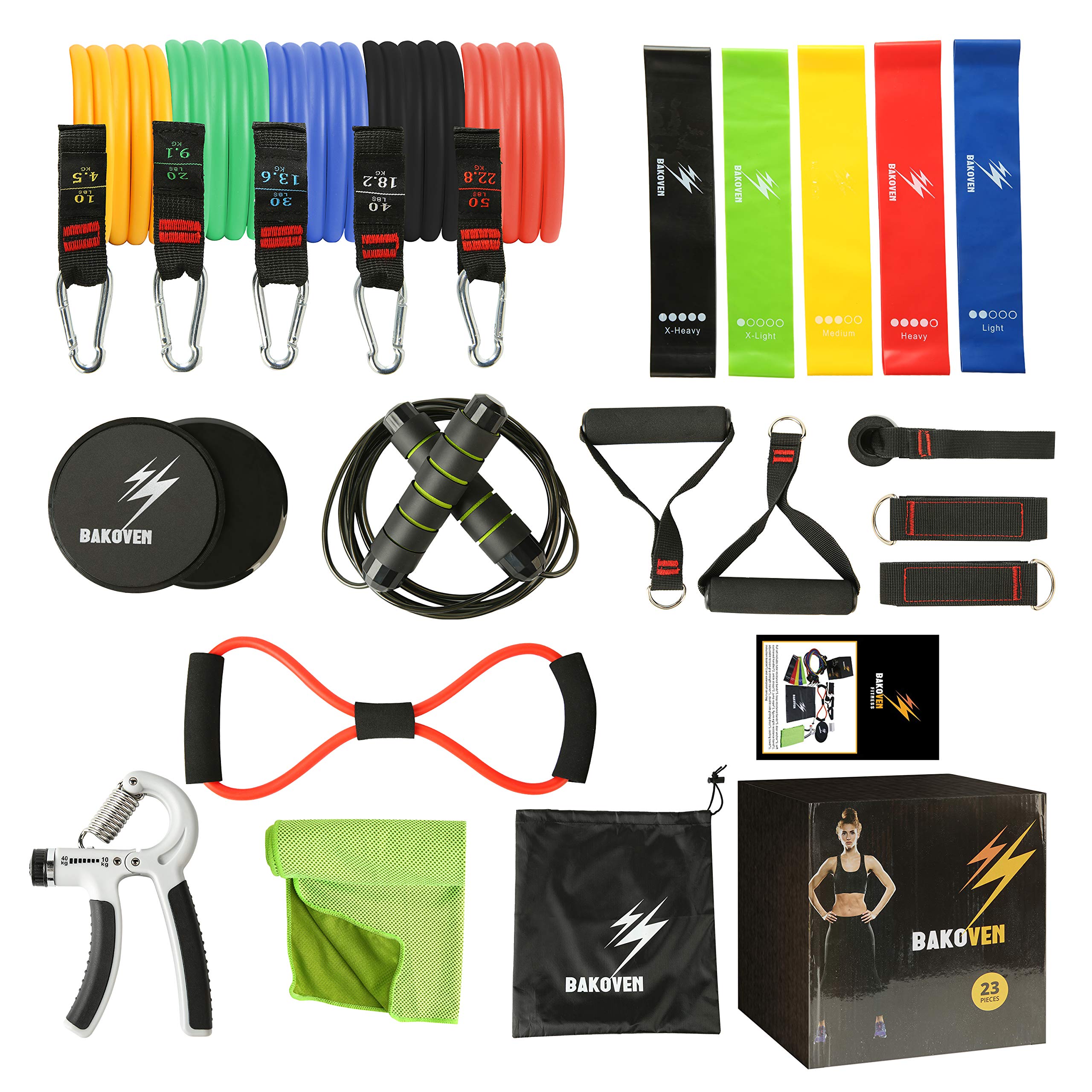 BAKOVEN 23-Piece Exercise Resistance Bands Set with Handles, Door Anchor & Accessories - Stackable up to 150 Lbs for Full Body Workout - Perfect for Home Gym, Strength Training, Yoga & Physical Therapy