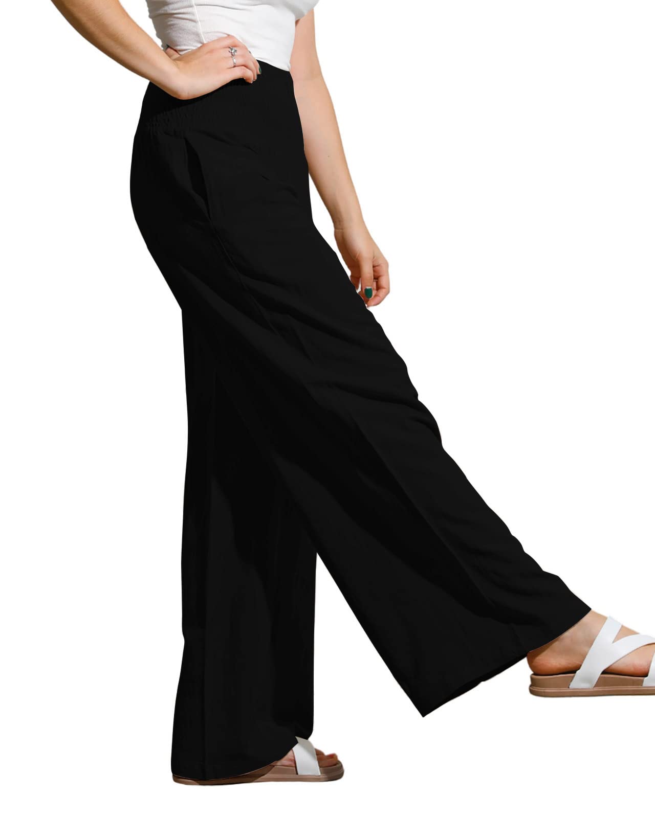 UTCoco Women's Wide Leg Linen Palazzo Pants - Casual Elastic Waist Loose Fit Trousers | Summer Beach Vacation, Yoga, Lounge & Office Wear