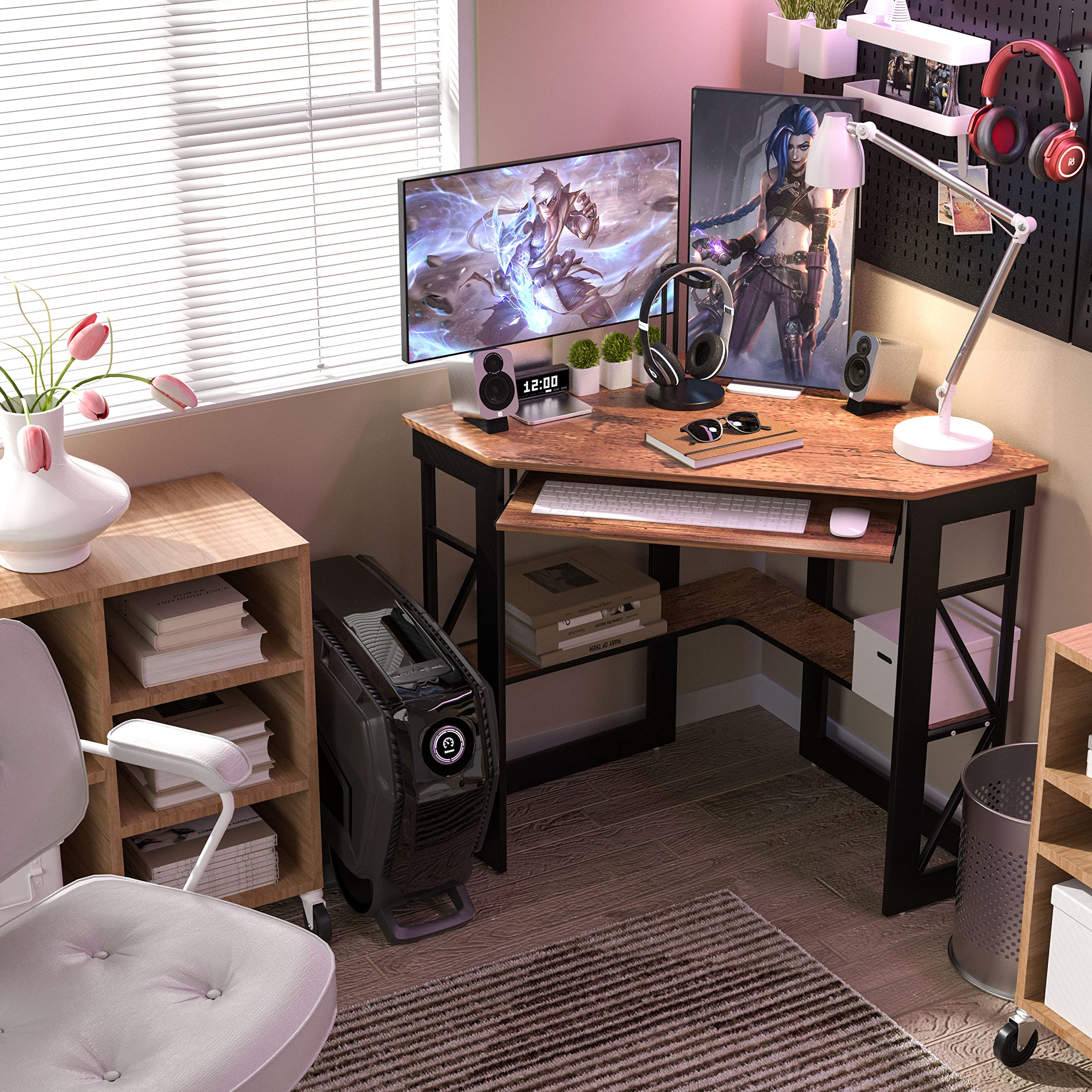 VECELO Corner Computer Desk with Keyboard Tray & Storage Shelves - Compact Home Office Writing Table in Antique Brown | Perfect for Small Spaces, Gaming Setup & Remote Work