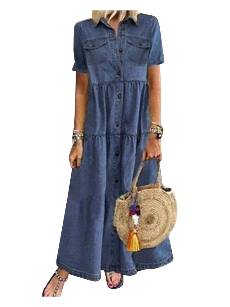 LifeShe Women's Denim Shirt Dress - Summer Short Sleeve Long Jean Maxi Dress for Casual Outings, Beach Wear & Street Style Fashion