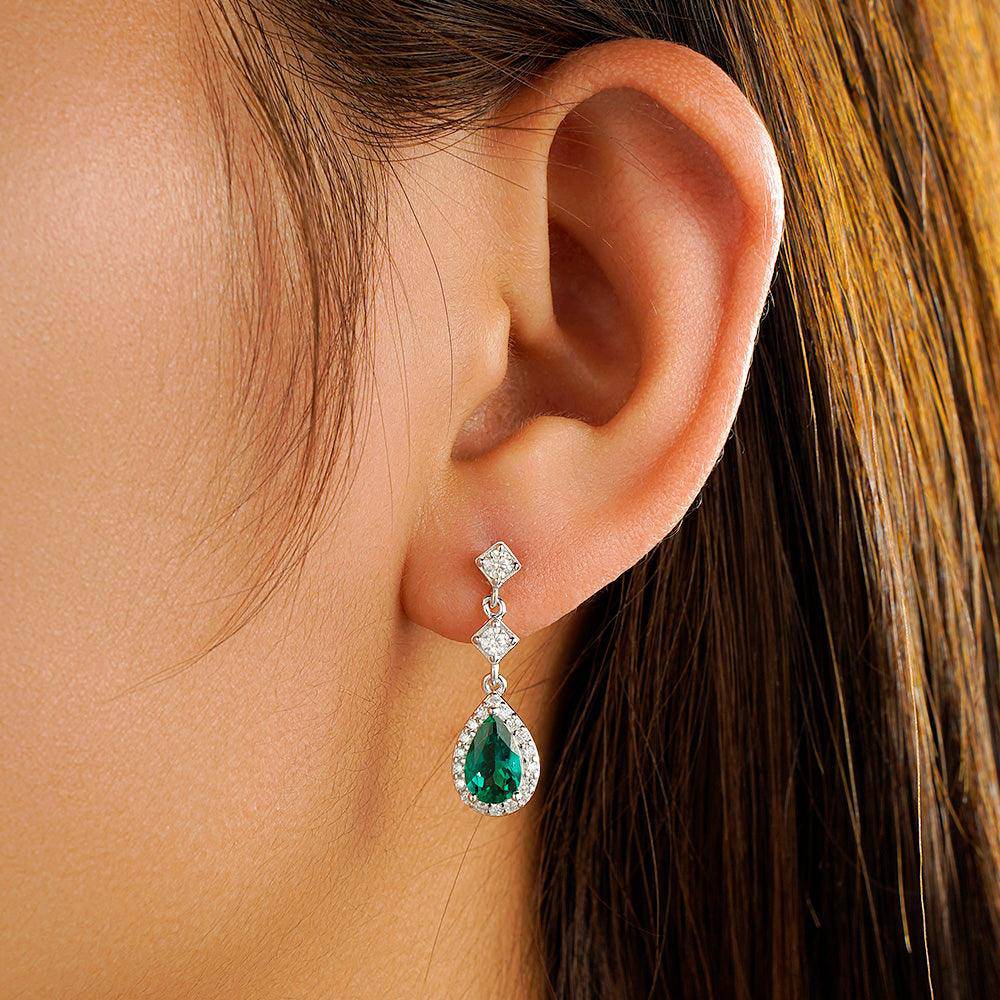 1.24 CT Pear Emerald Drop Earrings with Pavé Halo - Elegant Dangle Earrings for Women, Perfect for Weddings, Parties & Special Occasions