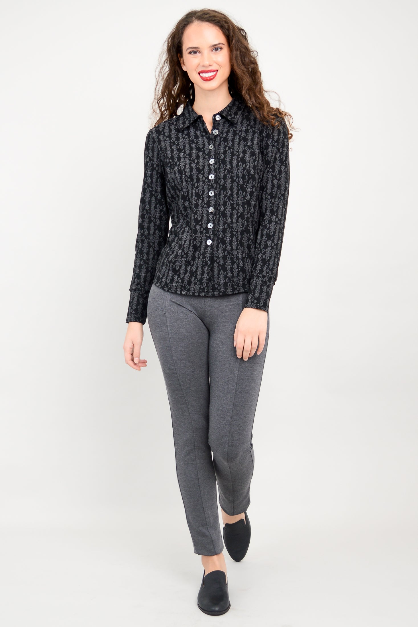 Harley Long Sleeve Top for Women - Soft Bamboo Fabric, Charcoal Paisley Print - Comfortable & Stylish Casual Shirt - Perfect for Work, Travel & Everyday Wear