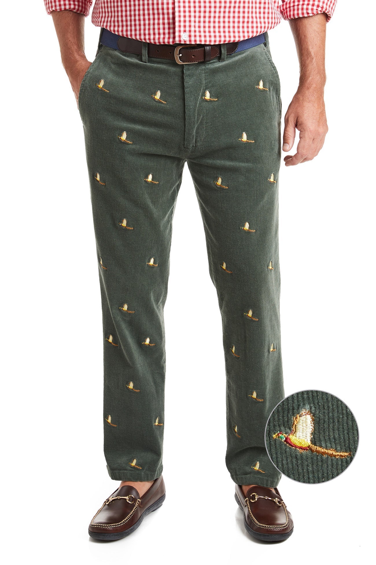 Beachcomber Corduroy Pants for Men - Olive Green with Pheasant Print | Comfortable & Stylish Casual Wear for Outdoor Adventures & Daily Use