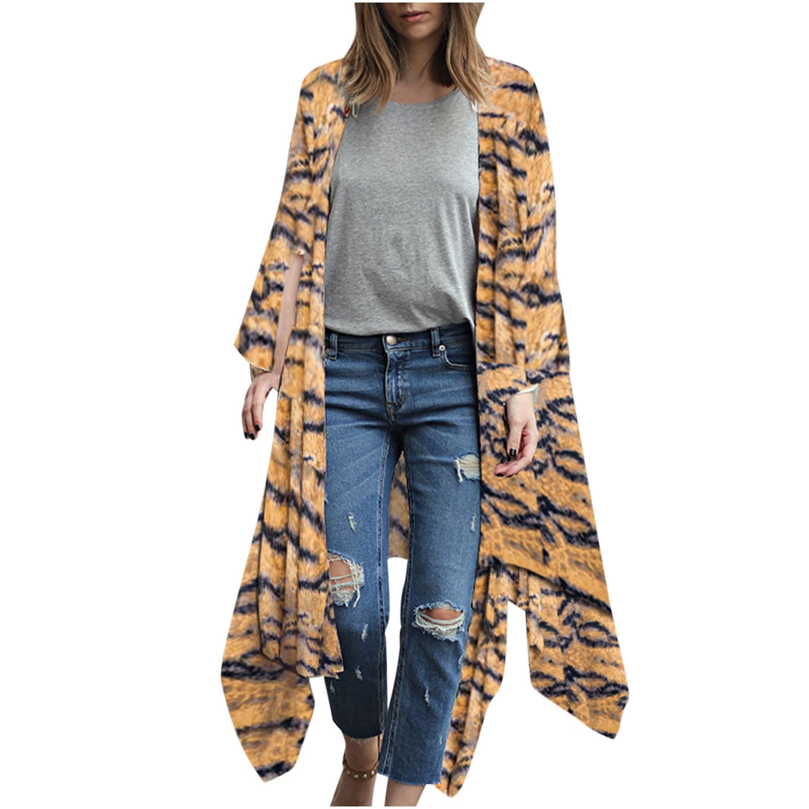 Women's Lightweight Cardigan Coat - Boho Floral Open Front Kimono - Loose Flowy Shawl Blouse Tops for Casual Wear, Beach Cover-Up & Spring Layering
