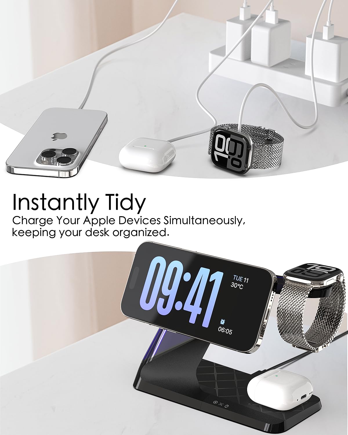 3-in-1 Magnetic Wireless Charging Station for iPhone 16/15/14/13/12 Series, AirPods & Apple Watch - Fast Qi-Certified MagSafe Charger Stand with Nightstand Mode for Bedroom, Office & Travel
