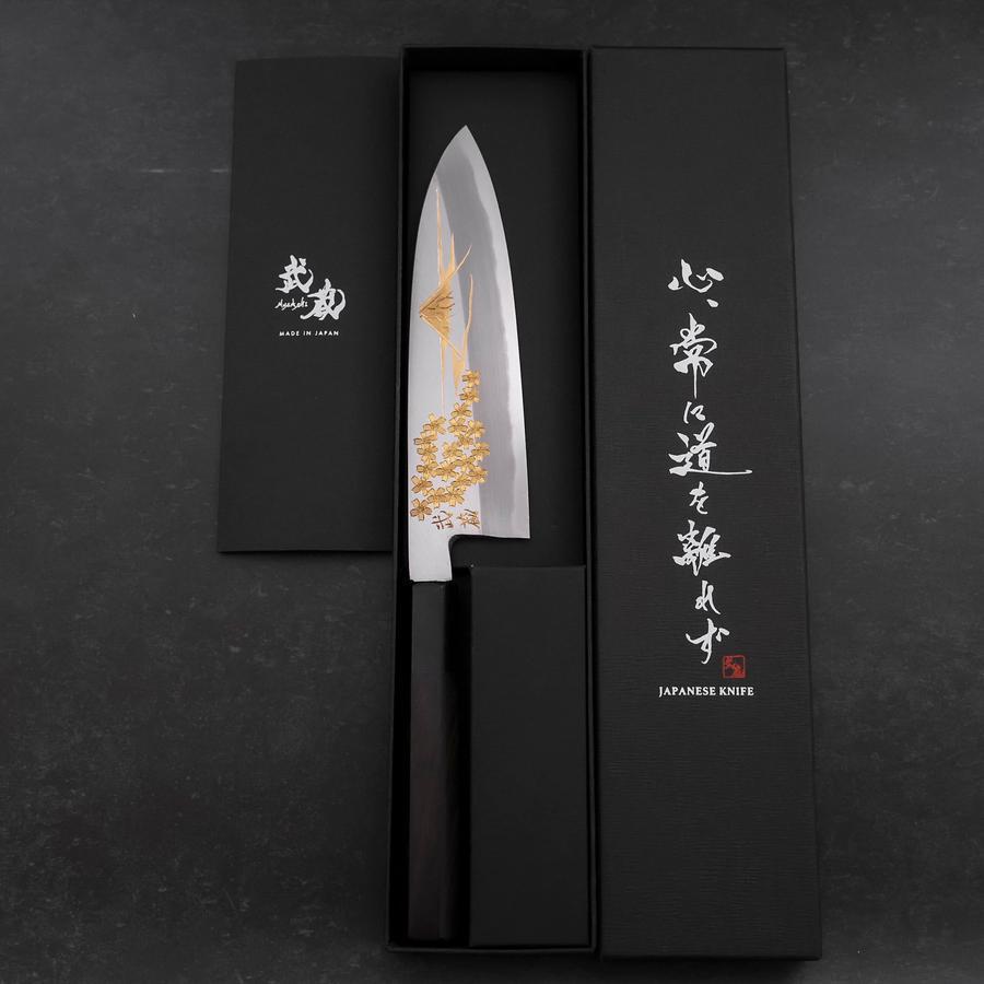 Premium Santoku Knife 180mm - White Steel #2 Kasumi Chokin with Sakura Fuji Buffalo Ebony Handle - Japanese Kitchen Knife for Slicing, Dicing & Chopping - Perfect for Chefs & Home Cooking