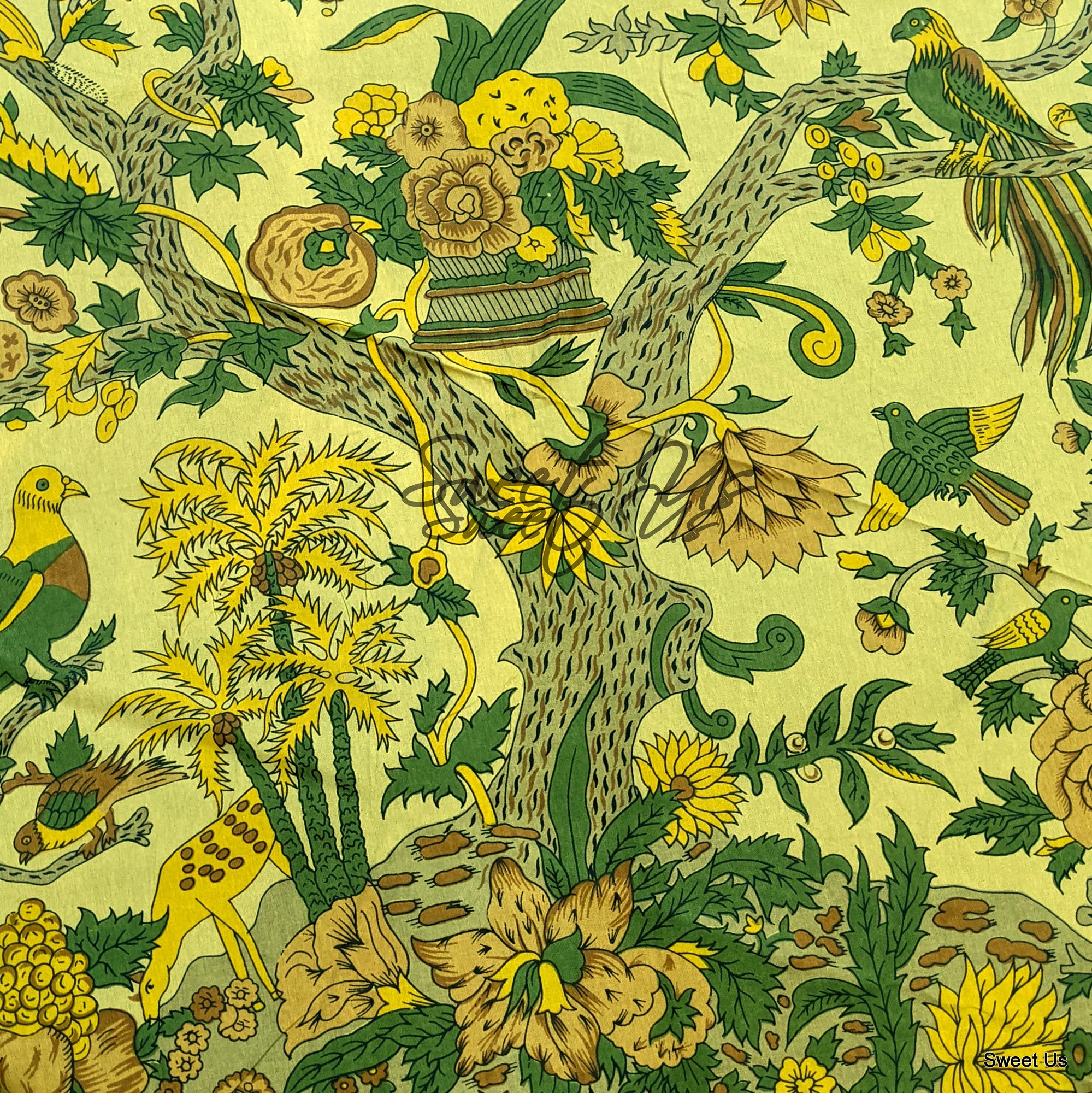 72-inch Round Cotton Floral Tablecloth - Tree of Life Design in Linen Beige & Yellow for Kitchen & Dining | Indoor/Outdoor Use for Parties, Weddings & Daily Dining
