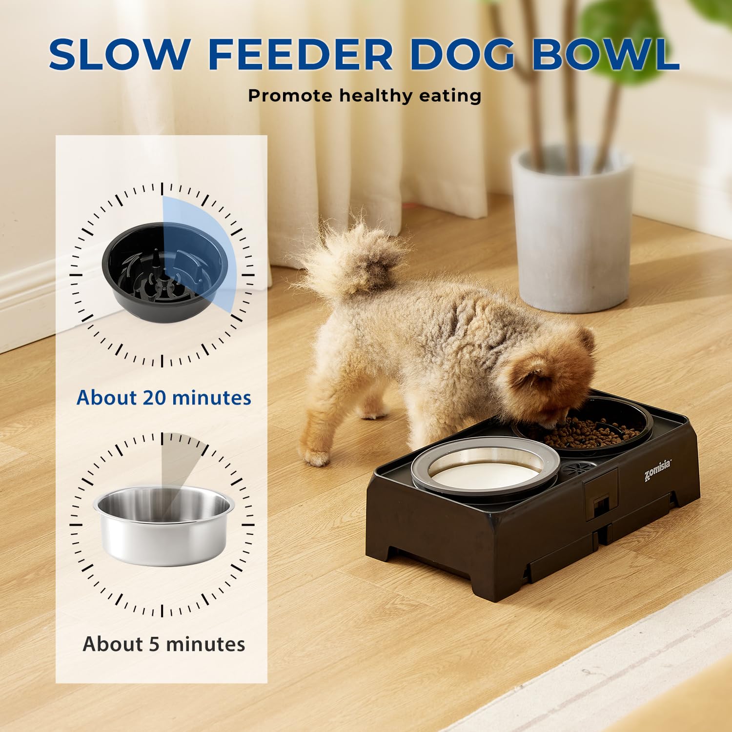 3-in-1 Adjustable Elevated Dog Bowls Set - Slow Feeder & No-Spill Water Bowl with Stainless Steel Food Dish, 4 Height Settings up to 13.4