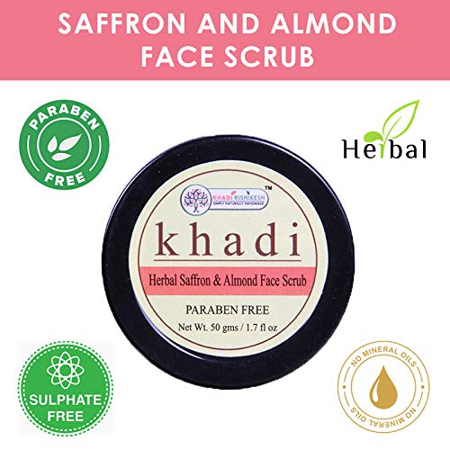 Khadi Rishikesh Herbal Saffron Almond Face Scrub - Natural Tan Removal & Blackhead Whitehead Cleanser | Brightening & Exfoliating Scrub for Fair Complexion | Paraben-Free, 50GM for Women & Men | Includes Free Hair Rubber Band | Perfect for Daily Skincare & Spa Treatments