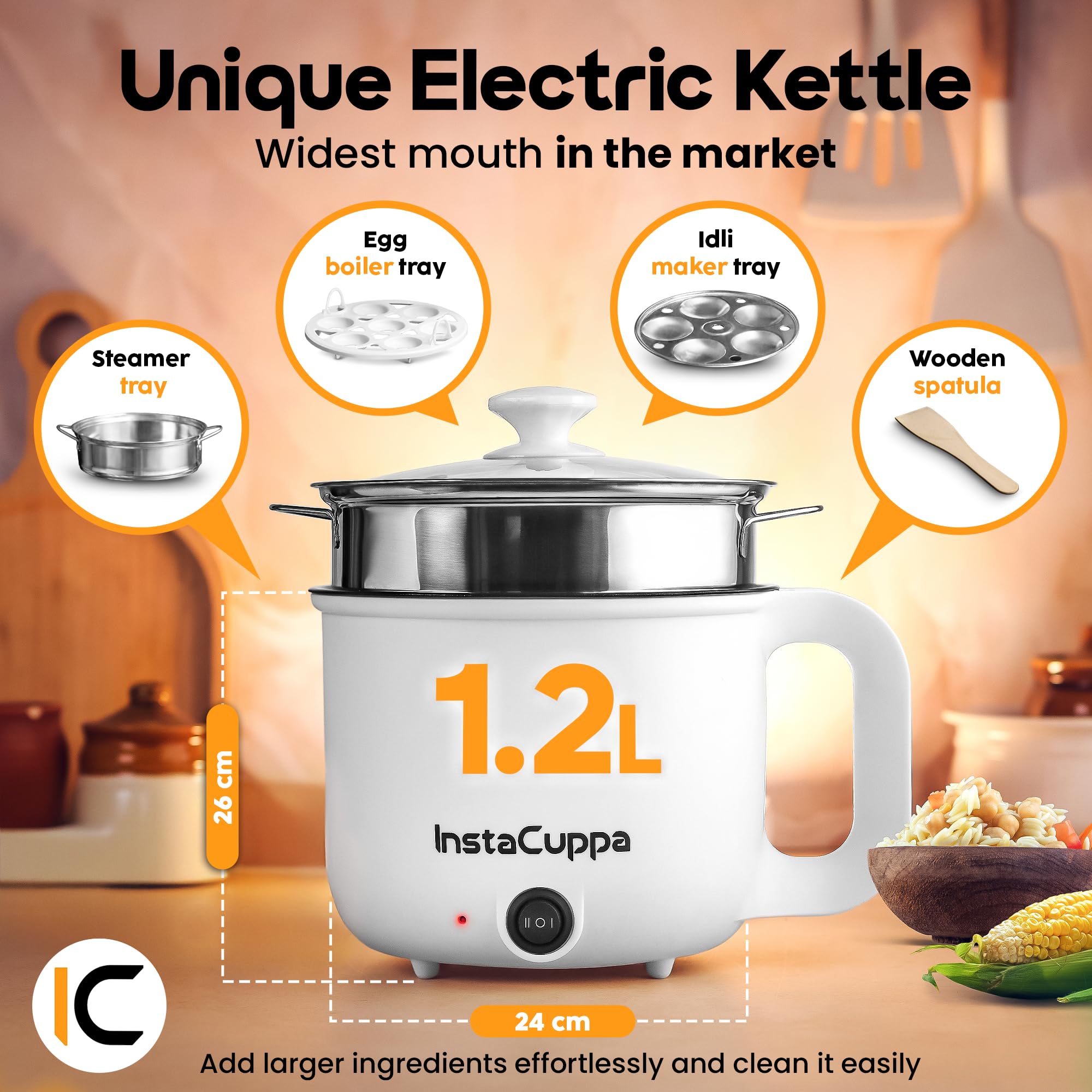 InstaCuppa 3-in-1 Multi Cooker & Steamer Kettle - 1.2L Stainless Steel Inner Pot, Adjustable Temperature Control, Wide Mouth Design - Perfect for Boiling Milk, Tea, Coffee, Eggs & Steaming Vegetables - 600W Fast Heating - Elegant White - Ideal for Home Kitchen, Office, Dorm & Small Spaces