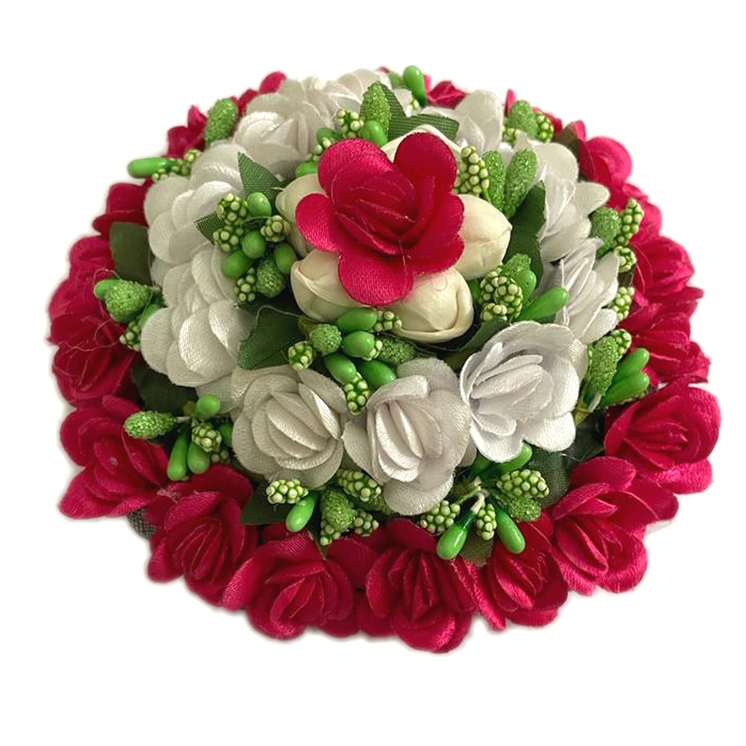 GuruEmbelish Artificial Flower Hair Bun Gajra - Bridal Hair Accessories for Women & Girls (Pack of 1, Red & White) - Perfect for Weddings, Parties & Special Occasions