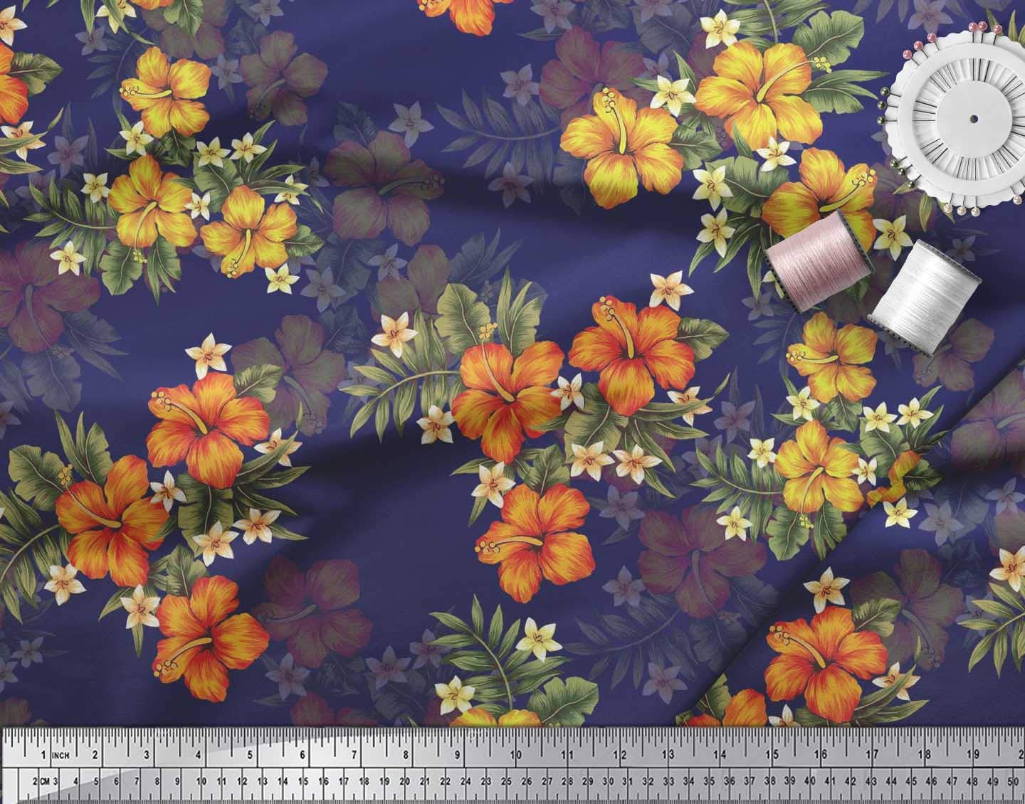 Soimoi Cotton Jersey Blue Fabric by The Yard - 58 Inch Wide Floral & Tropical Leaves Print - Soft Breathable Material for DIY Dresses, Skirts, and Home Decor Projects