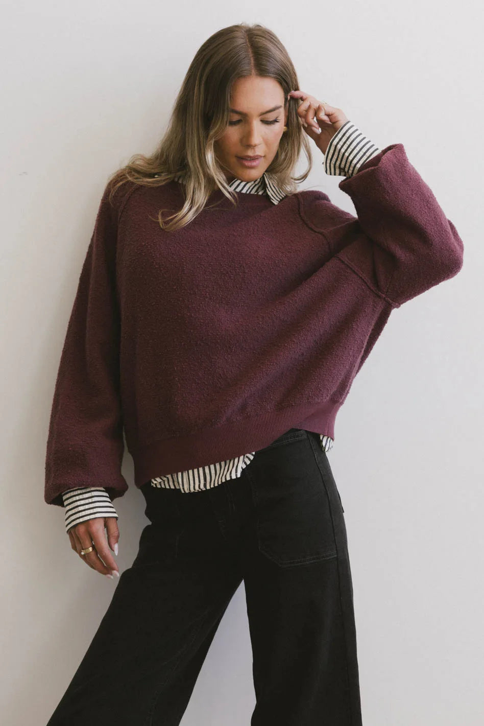 Annaleah Textured Burgundy Sweatshirt for Women | Cozy Pullover with Soft Fabric | Perfect for Casual Outfits, Lounge Wear & Fall Fashion