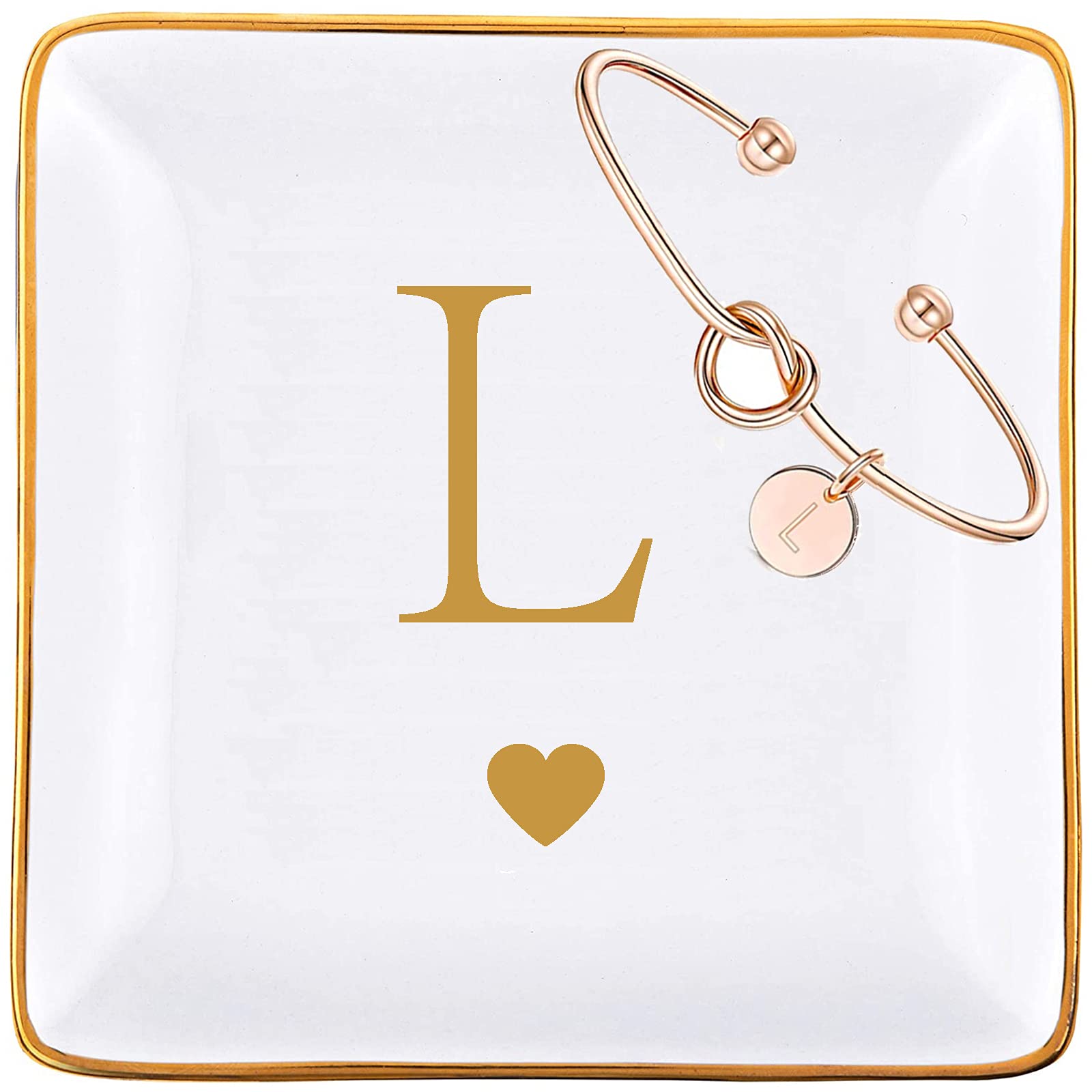 Personalized Initial Jewelry Tray & Bracelet Gift Set for Women - Ceramic Ring Dish with Gold Monogram, Rose Gold Knot Bracelet - Perfect Birthday Gift for Mom, Grandma, Daughter, Sister & Friends (Letter L) - Great for Home Decor, Jewelry Organization & Bridesmaid Gifts