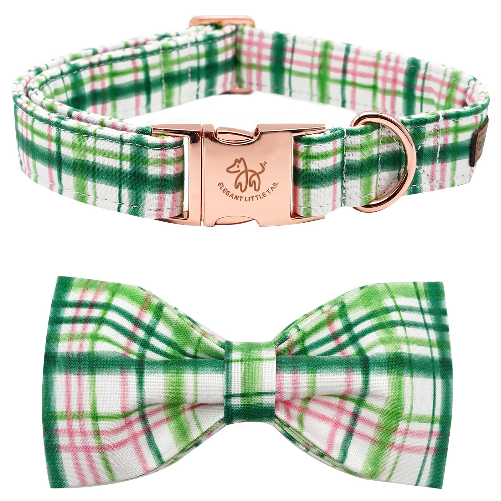 Elegant Bow Dog Collar with Adjustable Pink & Green Plaid Design - Cute Pet Collar for Small, Medium & Large Dogs | Perfect for Daily Walks, Pet Photos & Special Occasions