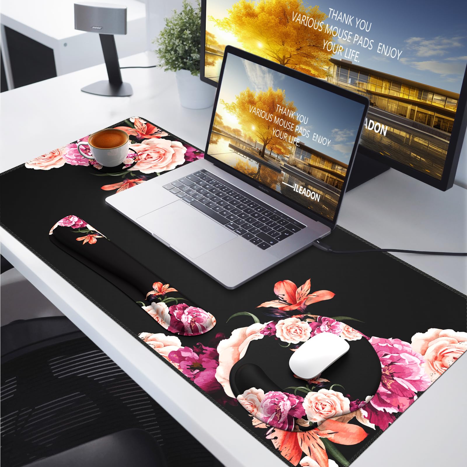 iLeadon 4-in-1 Mouse Pad Set with Wrist Rest - Large Desk Mat, Ergonomic Keyboard Wrist Support & Coaster - Non-Slip Office Accessories for Computer, Laptop, Gaming - Peony Flower Design for Home & Workspace