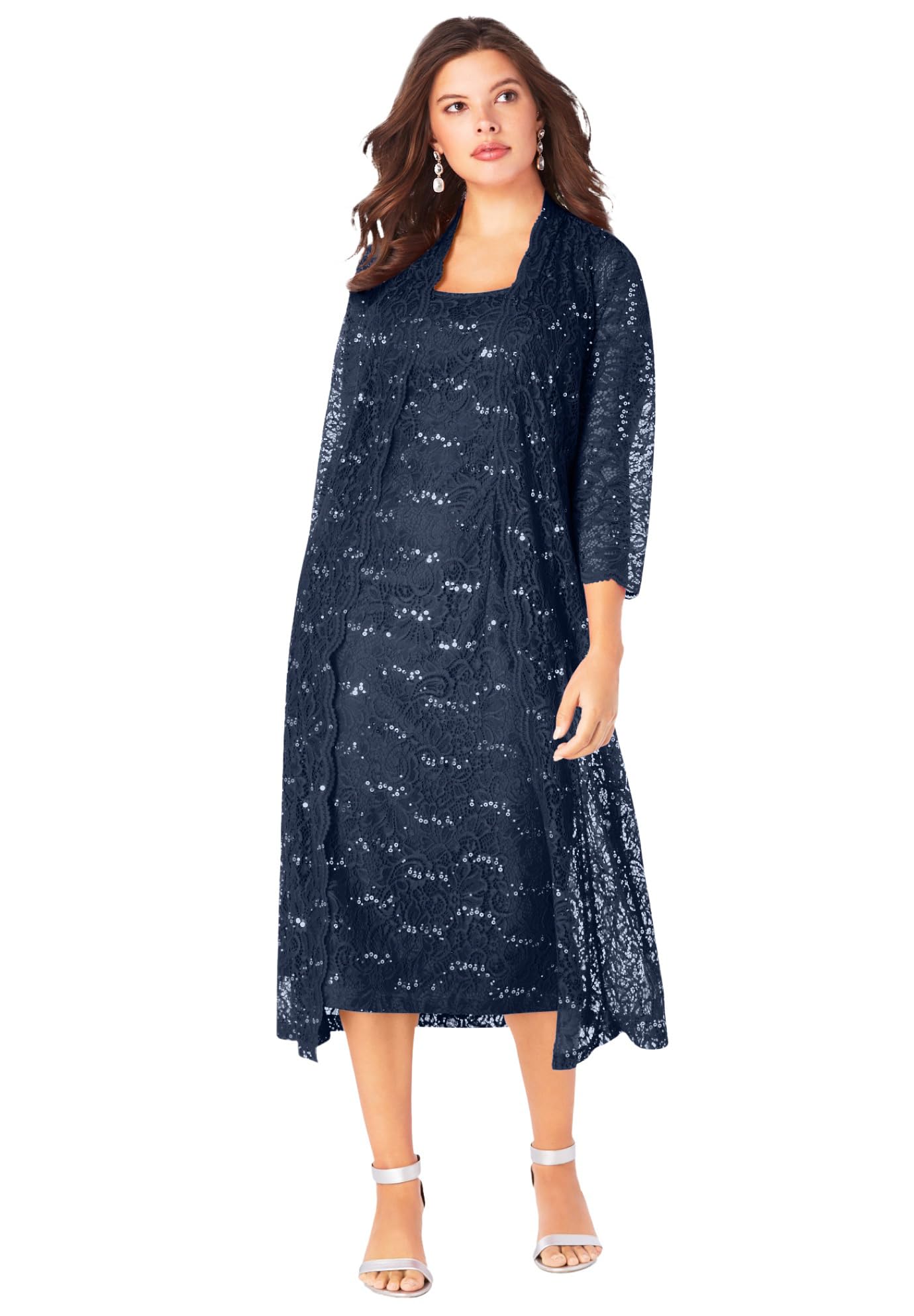 Romantic Plus Size Sequin Lace Jacket Dress for Women - Elegant Evening Gown for Parties, Weddings & Special Occasions