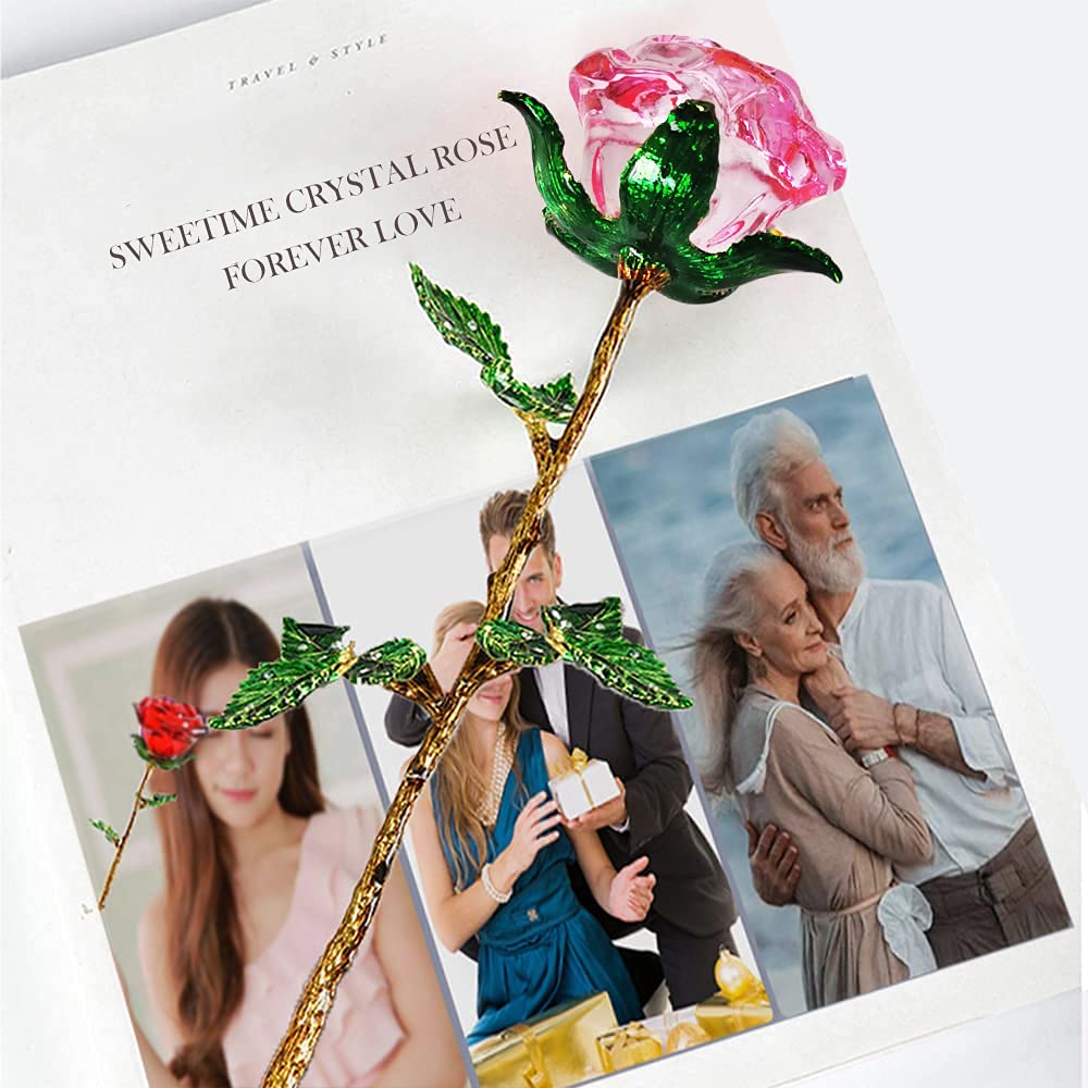 Eternal Pink Glass Rose Gift for Women - K9 Crystal Rose with Green Leaves & Wish Card - Unique Birthday, Christmas, Wedding, Valentine's Day Present - Perfect for Home Decor, Anniversary Surprise & Romantic Gestures