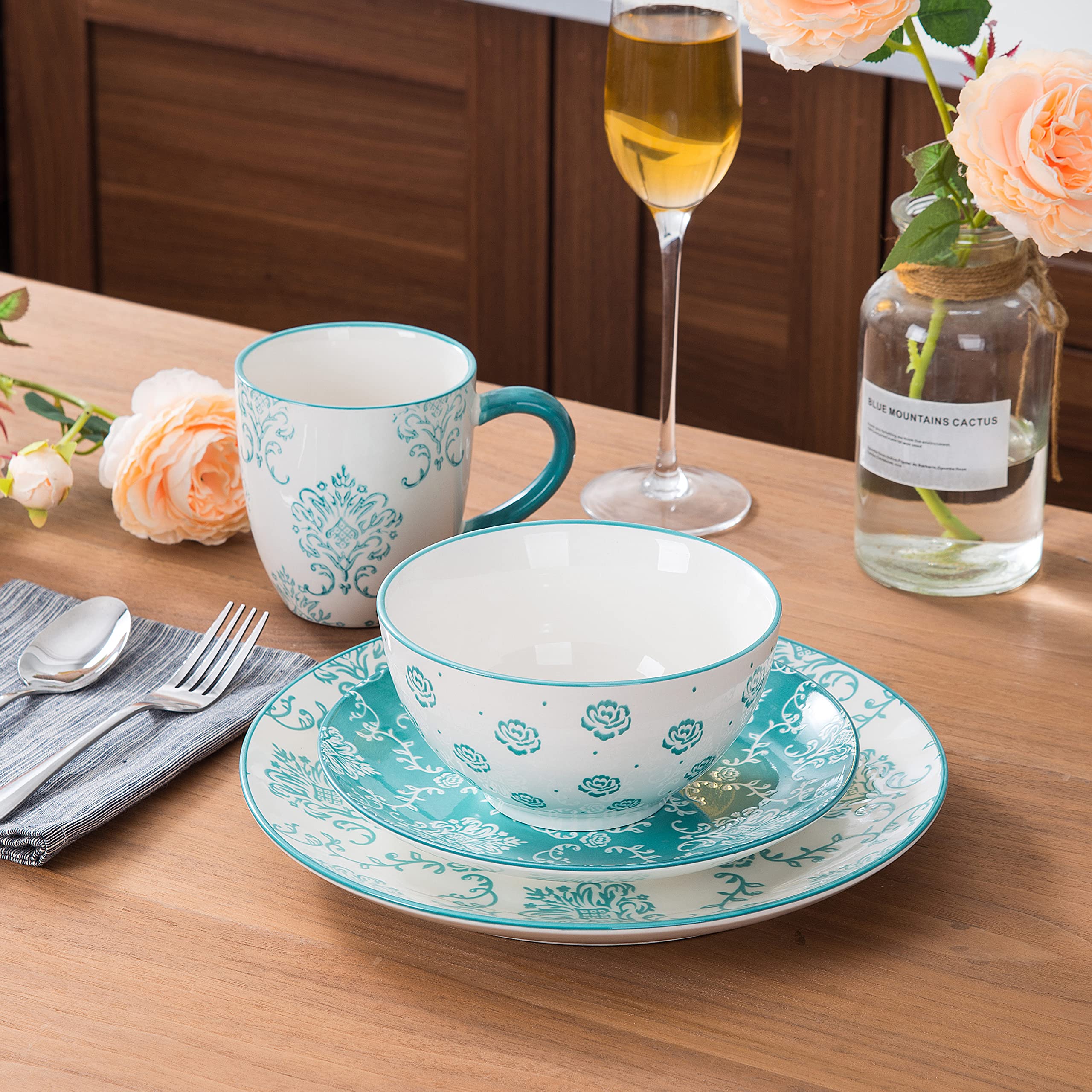 16-Piece Ceramic Dinnerware Set for 4 - Turquoise Stoneware Plates & Bowls - Stackable, Nonstick, Durable Kitchen Dish Set for Everyday Use & Entertaining