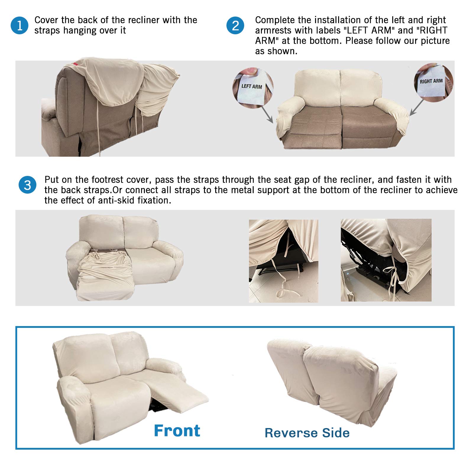 MAXIJIN 6-Piece Stretch Velvet Recliner Loveseat Slipcover - Soft, Thick & Washable 2-Seater Sofa Cover for Reclining Couches (Navy Blue) - Perfect for Living Room, Home Theater & Family Room Furniture Protection