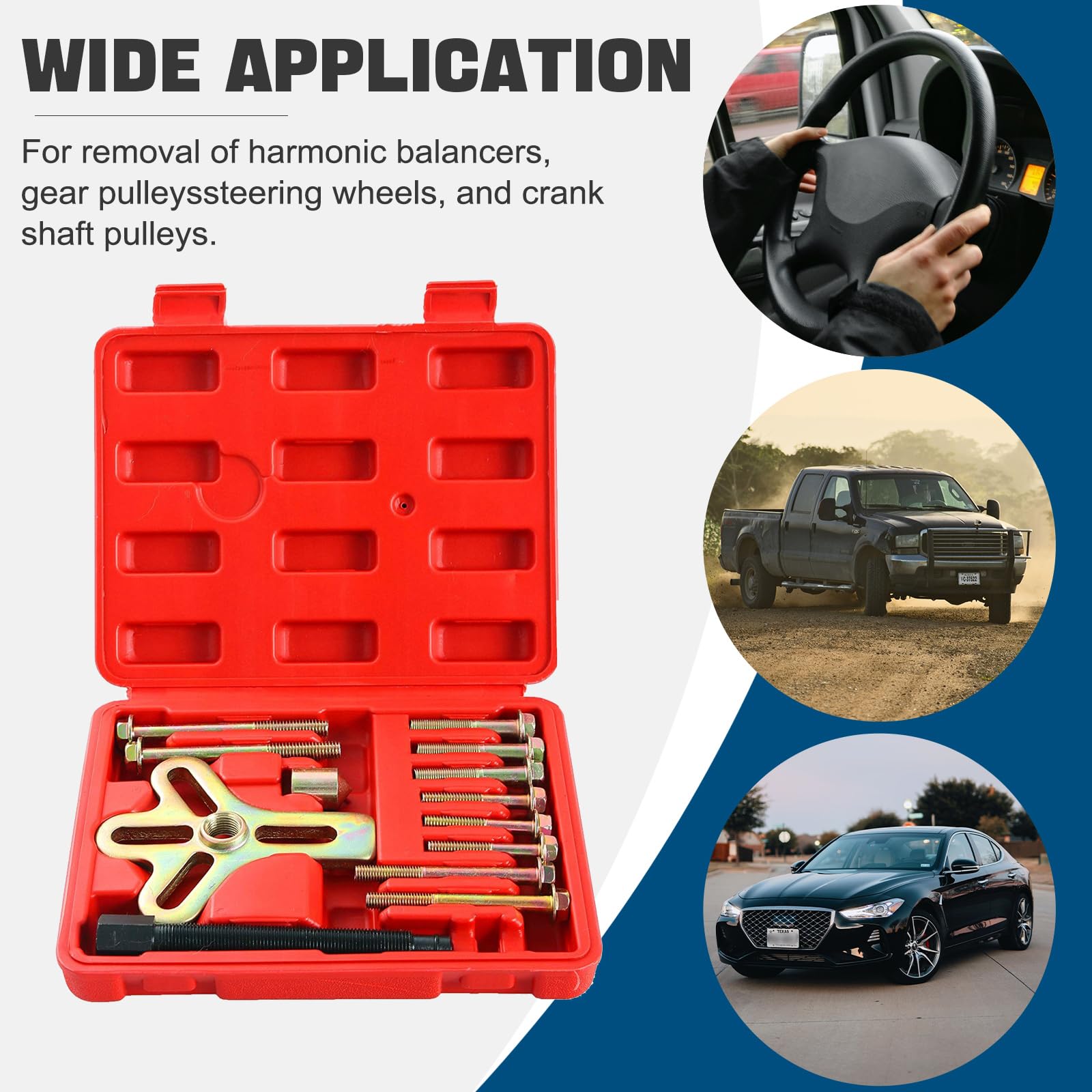 DASBET 13PCS Harmonic Balancer Puller Kit - Steering Wheel Puller, Flywheel Puller, Crankshaft Pulley Removal Tool Set for Automotive Repair & Maintenance - Perfect for Mechanics & DIY Car Enthusiasts