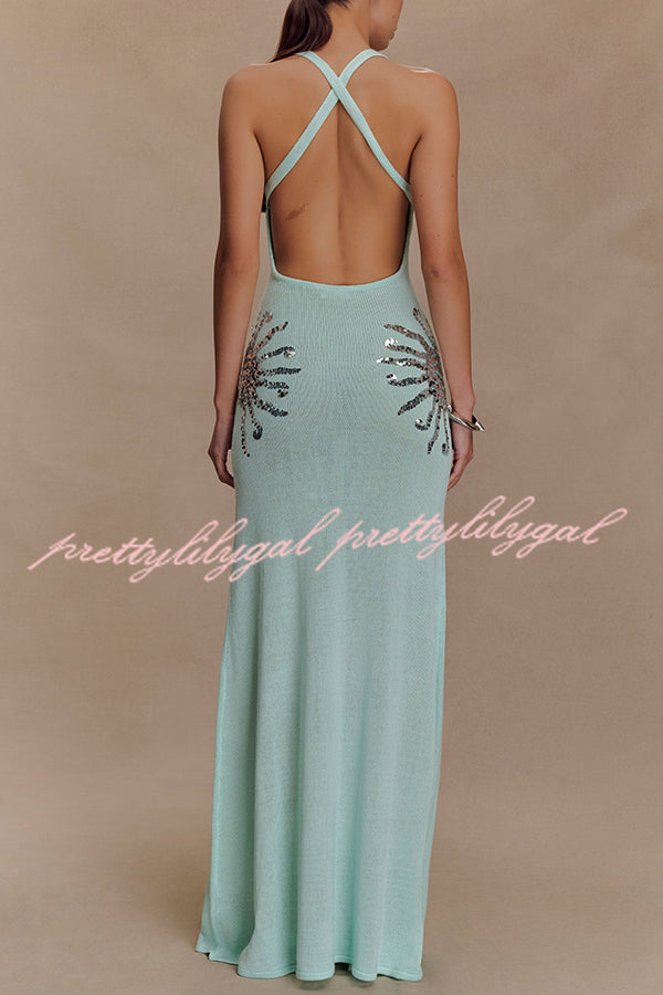 Sparkling Nights Knit Sunburst Sequin Maxi Dress with Cross Back Straps - Elegant Stretchy Party Gown for Evening Events, Prom, Wedding & Special Occasions