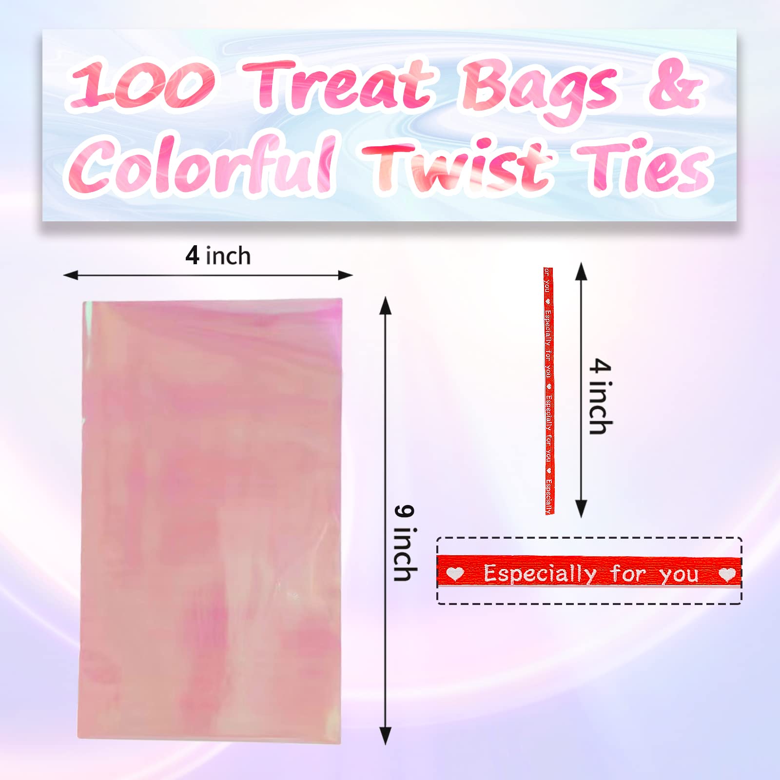 Easter Cellophane Treat Bags - Iridescent Holographic Candy Goodie Bags with 5 Colors Twist Ties for Party Favors, Easter, Weddings, Christmas, Valentine's Day | Perfect for Birthday Parties, Holiday Gifts & Candy Packaging