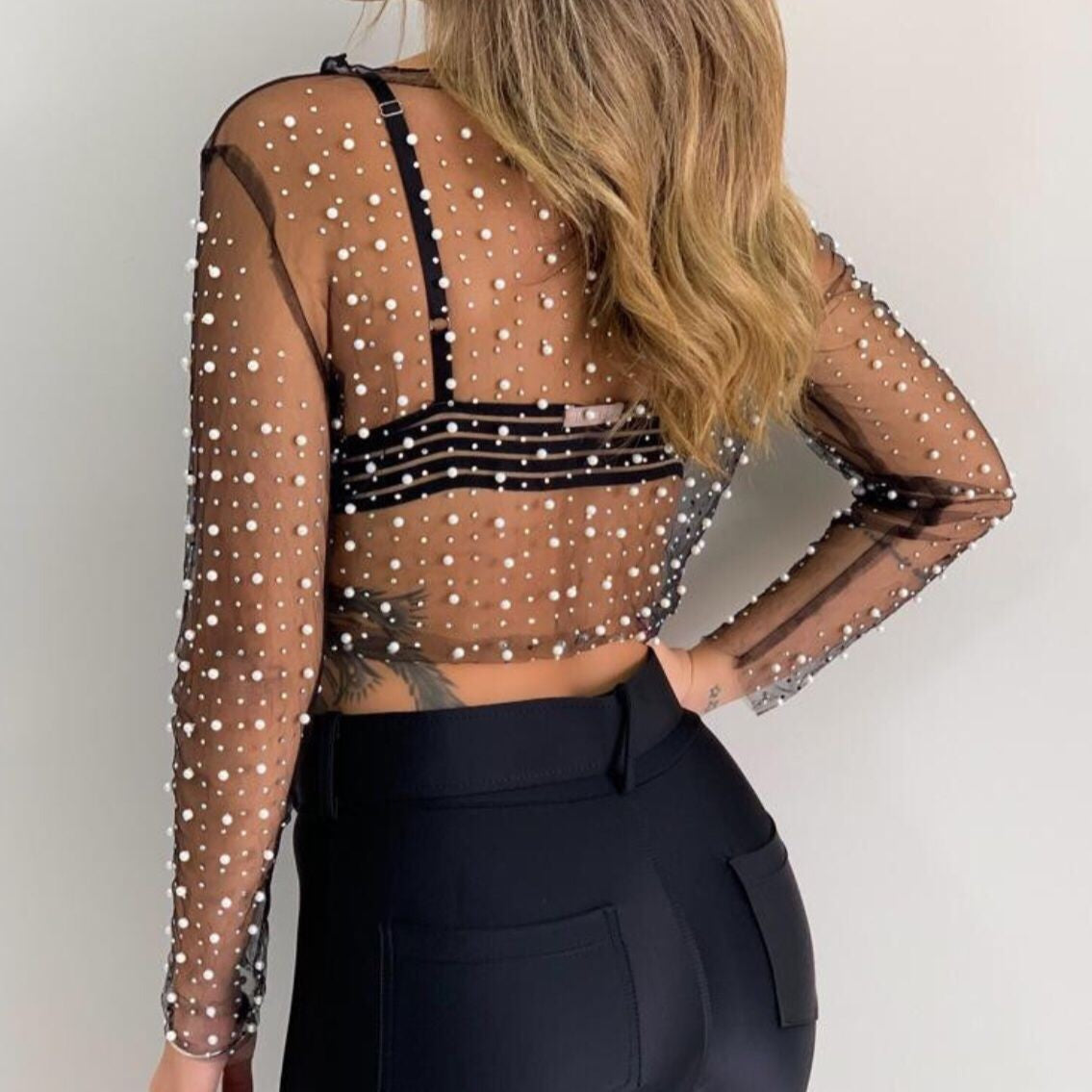 Sexy Sheer Lace Long Sleeve Top with Beaded Details - Elegant Mesh Blouse for Women | Perfect for Date Nights, Parties & Special Occasions