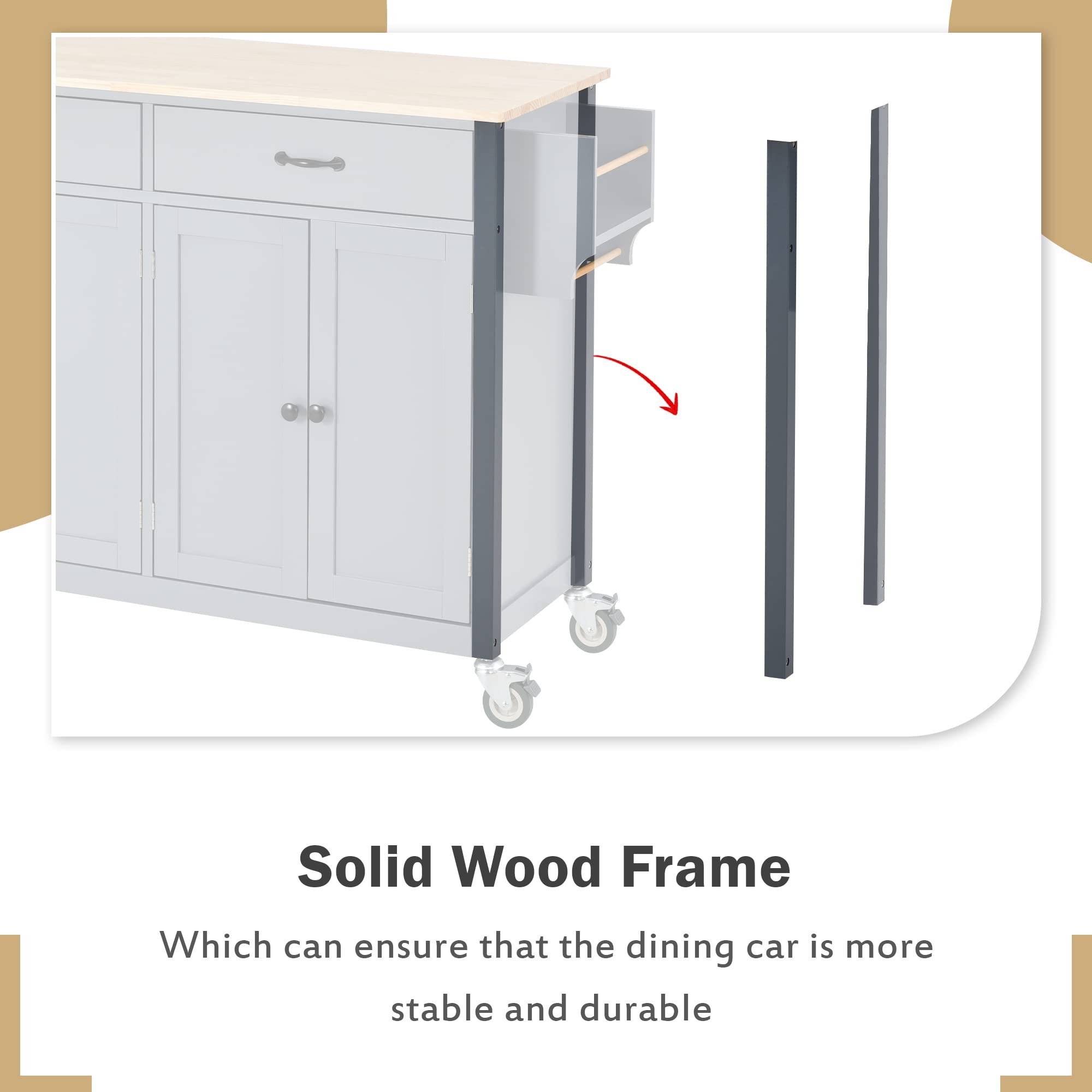 Goujxcy Kitchen Island Cart on Wheels - Rolling Mobile Kitchen Trolley with Storage Cabinet, Drawers & Towel Rack | Solid Wood Countertop, Lockable Casters & Adjustable Shelves | Perfect for Small Kitchens, Dining Rooms & Food Prep Areas